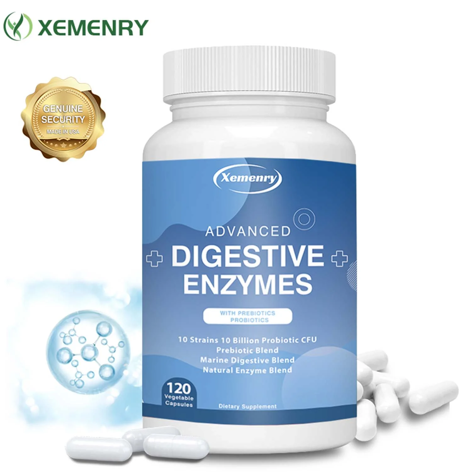 Xemenry Digestive Enzymes-with Probiotic,Prebiotic-Relieve Gas,Bloating & Constipation(30/60/120pcs)