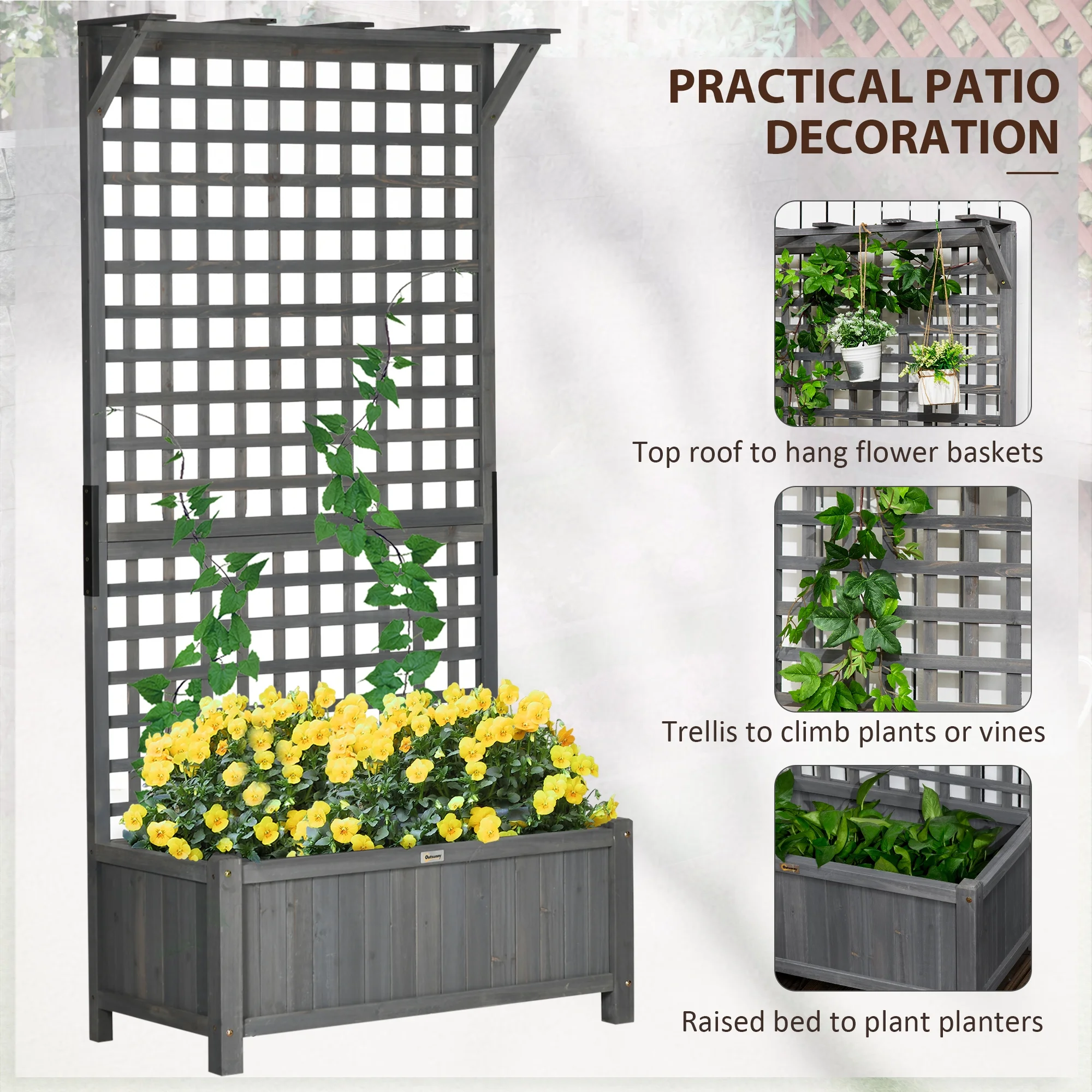 Outsunny Wood Raised Garden Bed Planter with Trellis & Roof, Gray