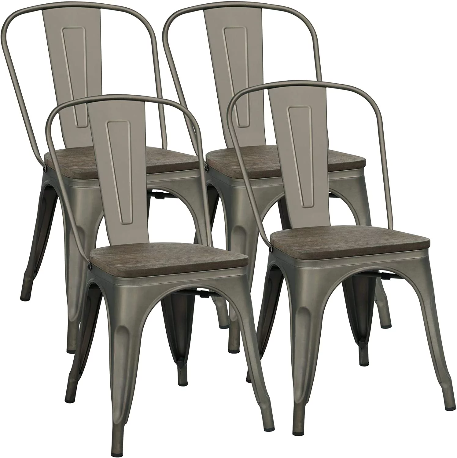Metal Dining Chairs with Wood Seat/Top Stackable Side Chairs Kitchen Chairs with Back Indoor-Outdoor Classic/Chic/Industrial/Vintage Bistro Café Trattoria Kitchen Gun Metal, Set of 4