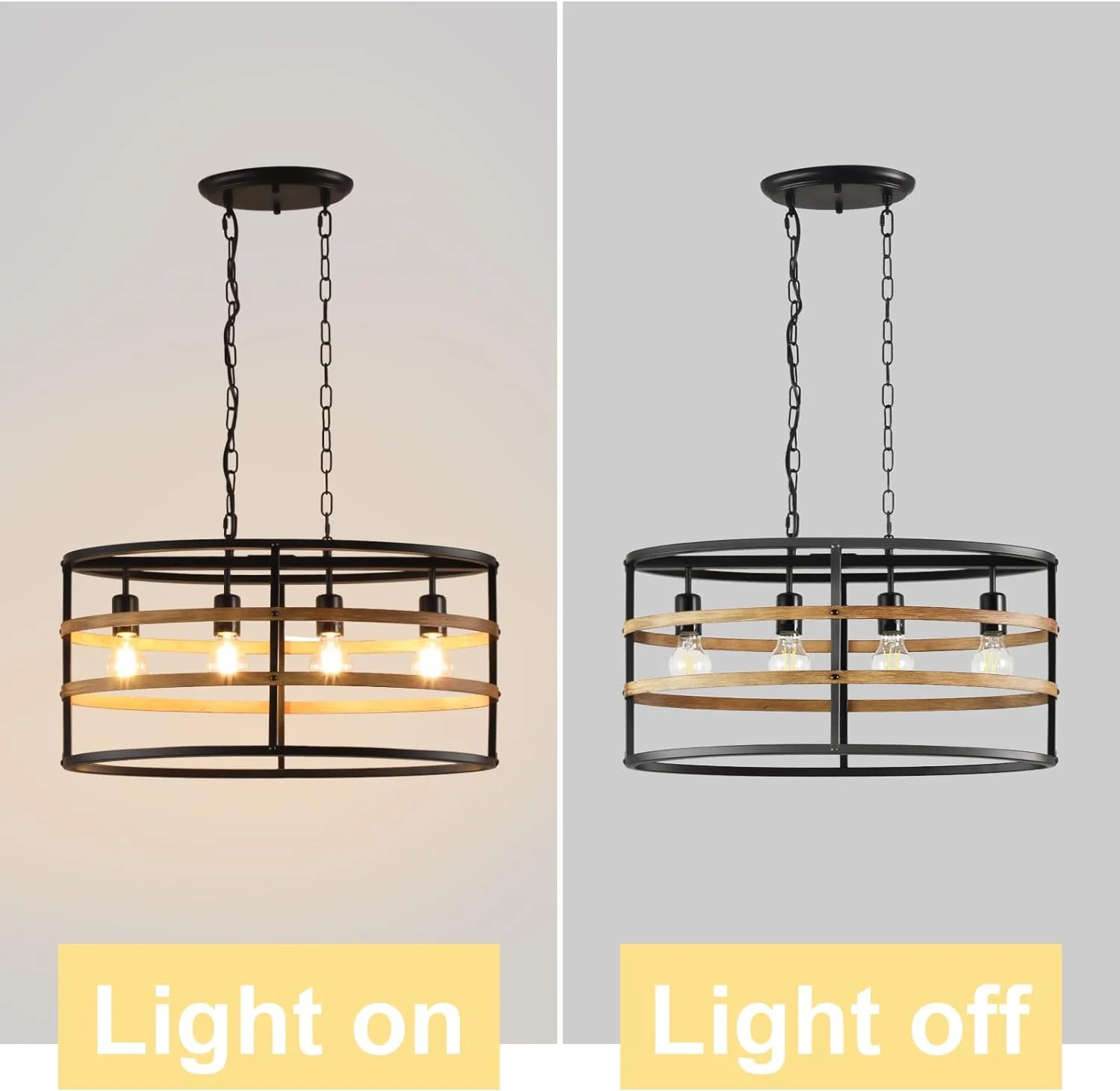 Depuley 4 Light Black Walnut Metal Cage Chandelier Industrial Ceiling Light Fixture Farmhouse Hanging Oval Pendant Light for Living Room Dining Kitchen Island, E26 Socket