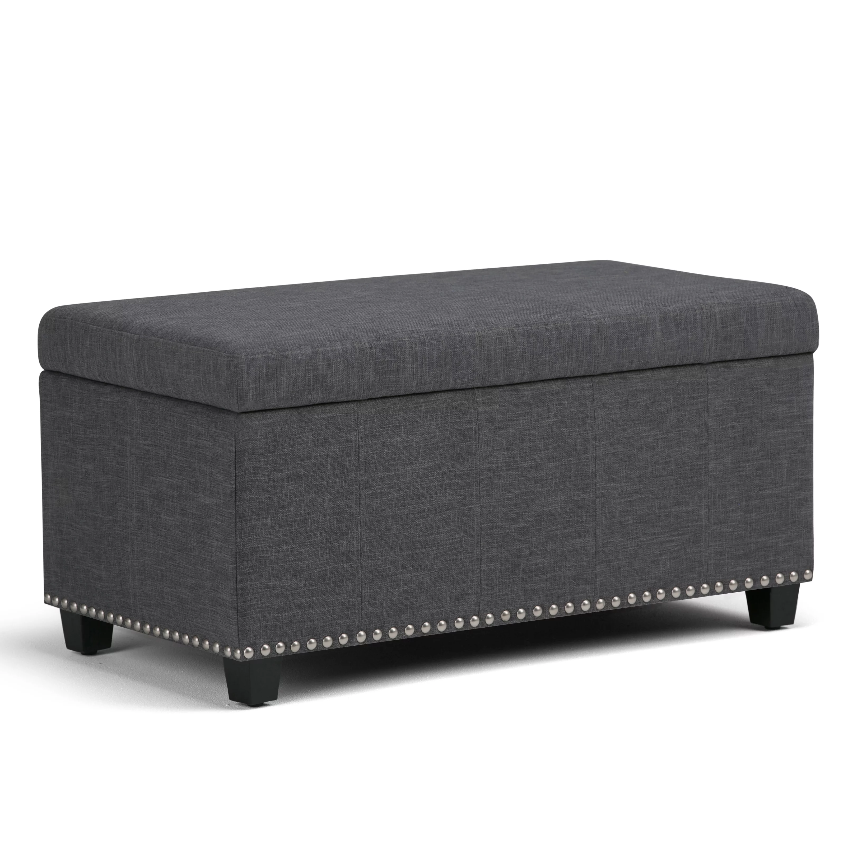 Simpli Home Amelia 34 inch Wide Transitional Rectangle Storage Ottoman Bench in Slate Grey Linen Look Fabric
