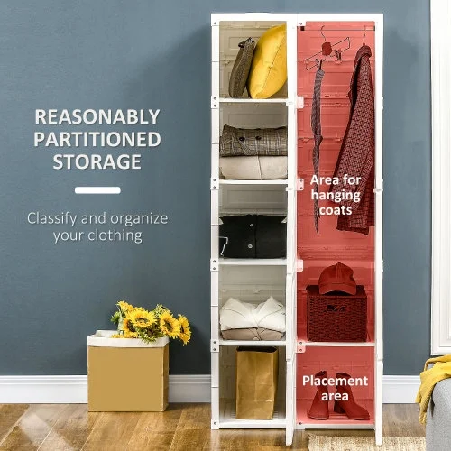 Zateety Portable Wardrobe Closet, Folding Bedroom Armoire, Clothes Storage Organizer with 8 Cube Compartments, Hanging Rod, Magnet Doors, White On-Site