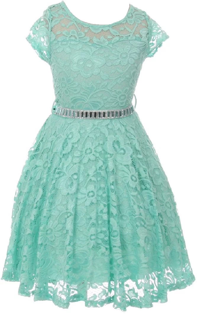 Lovely Floral Lace Rhinestones Skater Party Easter Flower Girl Dress for Big Girl Mint 16 JK19.88S BNY Corner