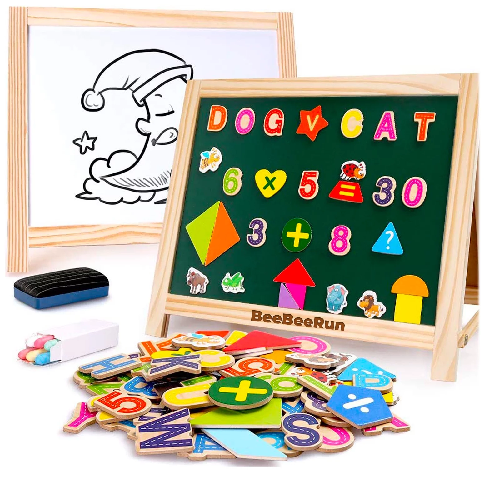 BeeBeeRun Wooden Tabletop Easel Art Center, with Magnetic Whiteboard, Chalkboard , Tabletop Drawing Board for Kids with Magnetic Letters Numbers and Other Accessories
