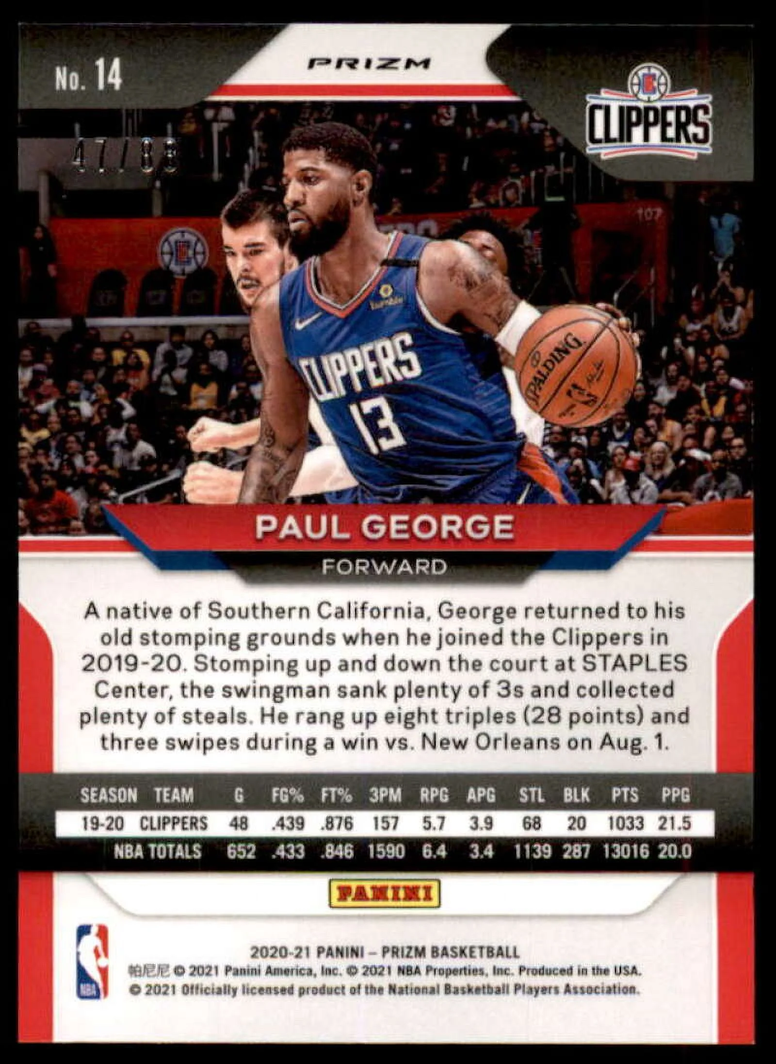 Paul George Card 2020-21 Panini Prizm Prizms Choice Red #14