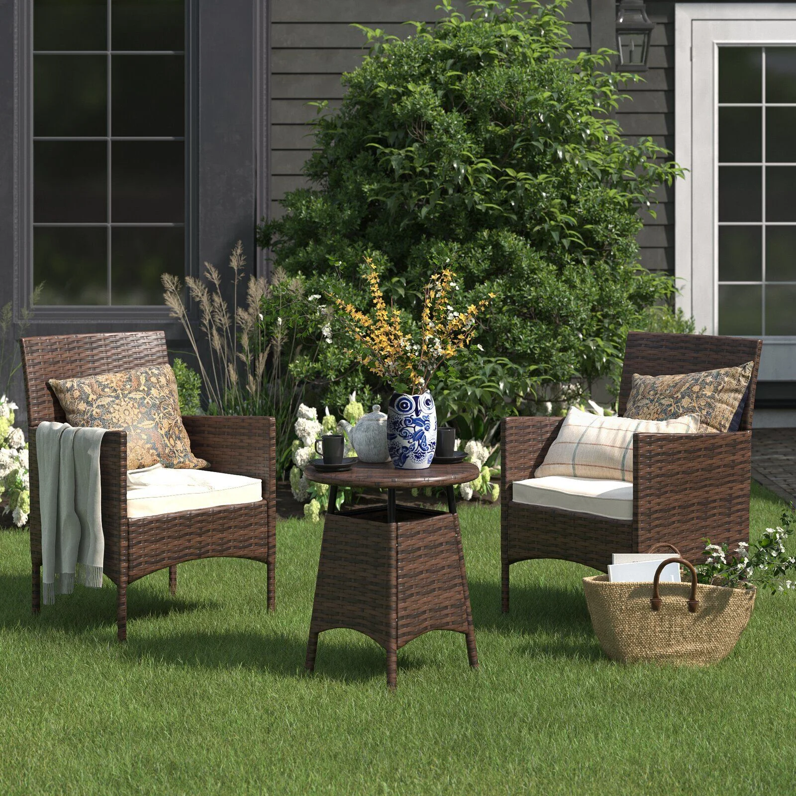 Barton 3 Pieces Outdoor Wicker Chair Set Rattan Patio Furniture Seat Cushions