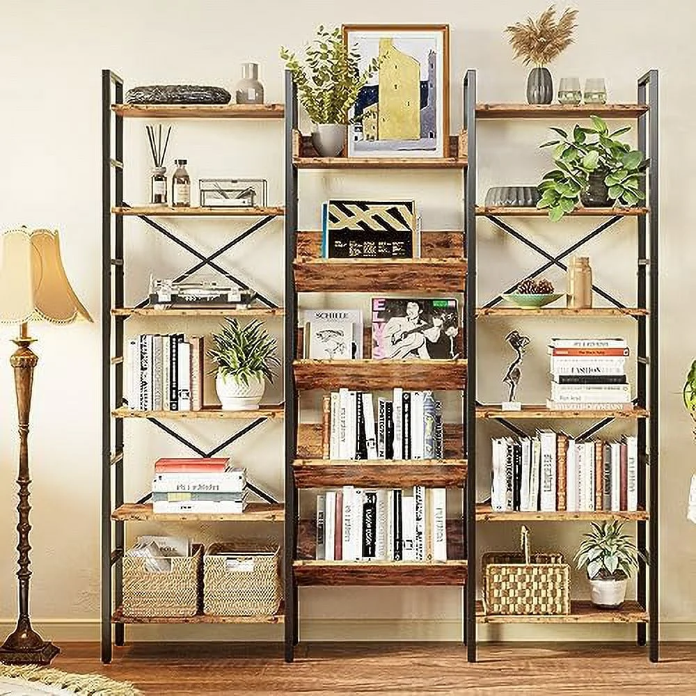 xrboomlife and Bookshelves Triple Wide 6 Tiers Industrial Record Player   Large Etagere Bookshelf Open Record Player Shelves with Metal Frame for Living Room Home Office