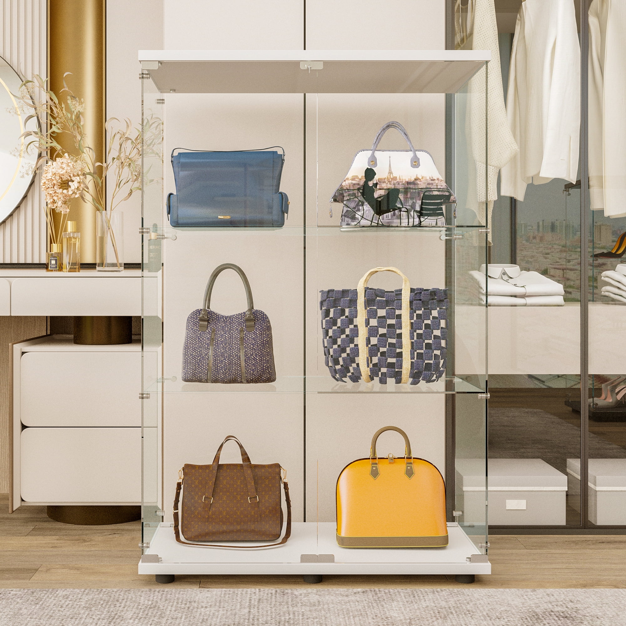 Holaki Two-door 3 Shelves Glass Display Cabinet with Door, Floor Standing Curio Bookshelf for Living Room Bedroom Office, 49.49