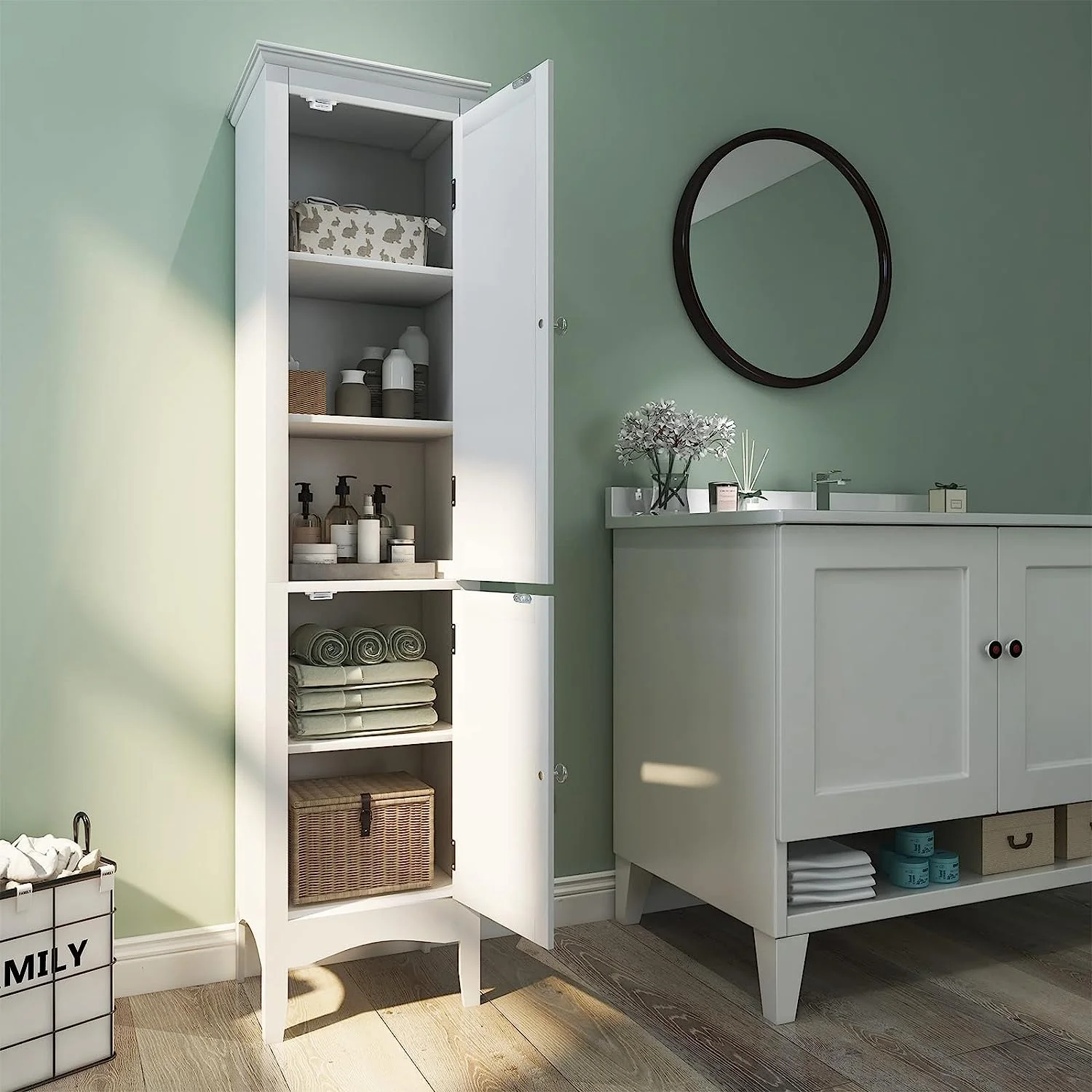 Bathroom Tall Storage Cabinet - Narrow Freestanding Floor Cabinet with Doors, 5 Tier Shelves(1 Height Adjustable), Corner Pantry Cabinets for Living Room, Slim Tower (1, White)