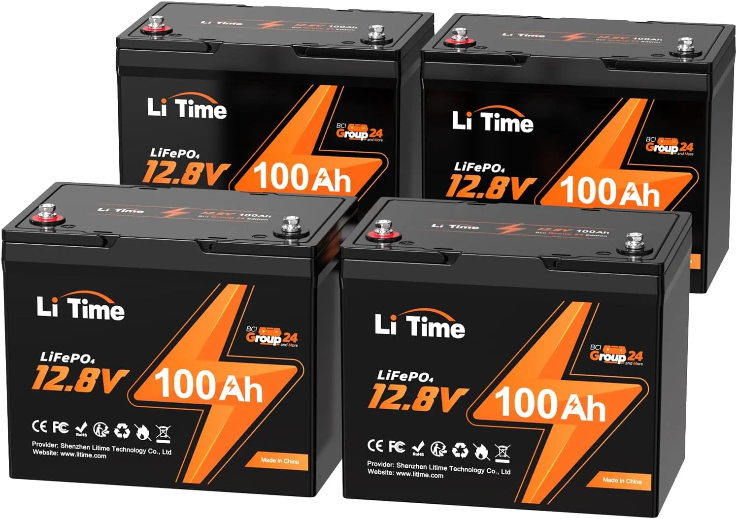 LiTime 4 Pack 12V 100Ah RV Lithium Battery, Group 24 Rechargeable LiFePO4 Battery with Up to 15000 Cycles, 1.28kWh and Higher Energy Density, Perfect for Trolling Motors, Boat, Marine, Solar