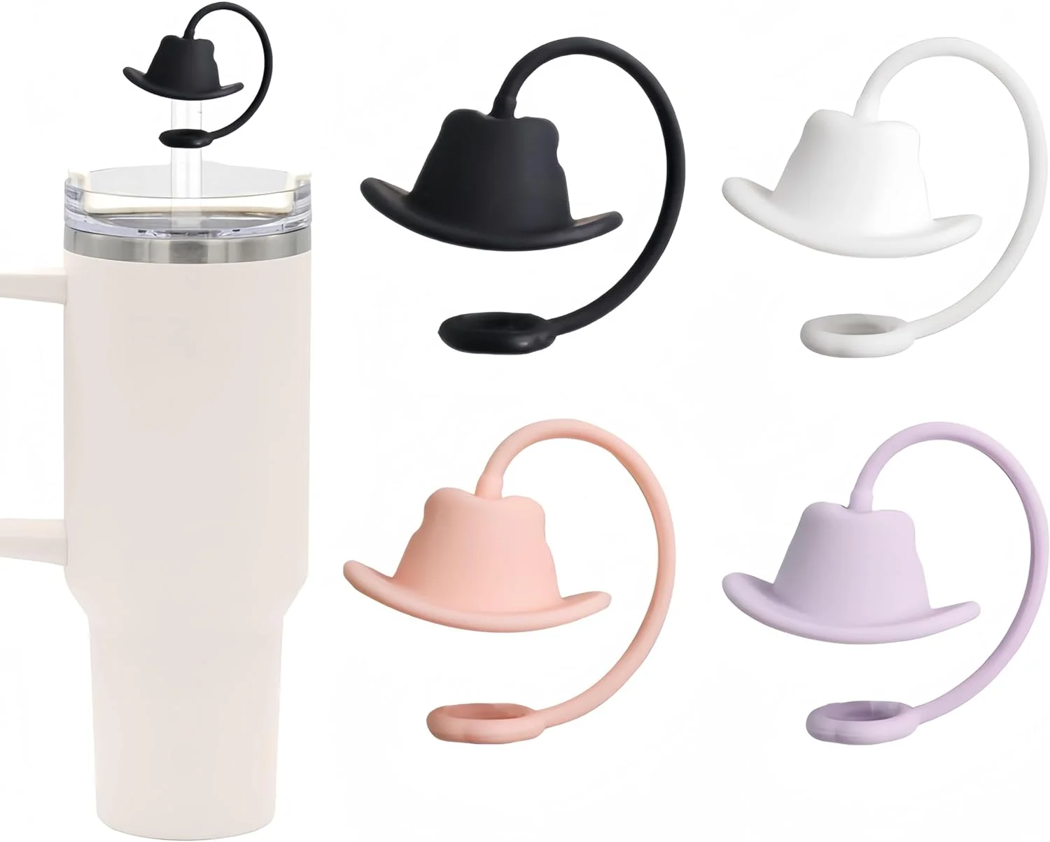 4Pcs Silicone Cowboy Hat Straw Covers Cap Compatible with Stanley Cup 20-40oz, Cute Funny Tumbler Straw Topper Accessories for Man & Woman Gift
