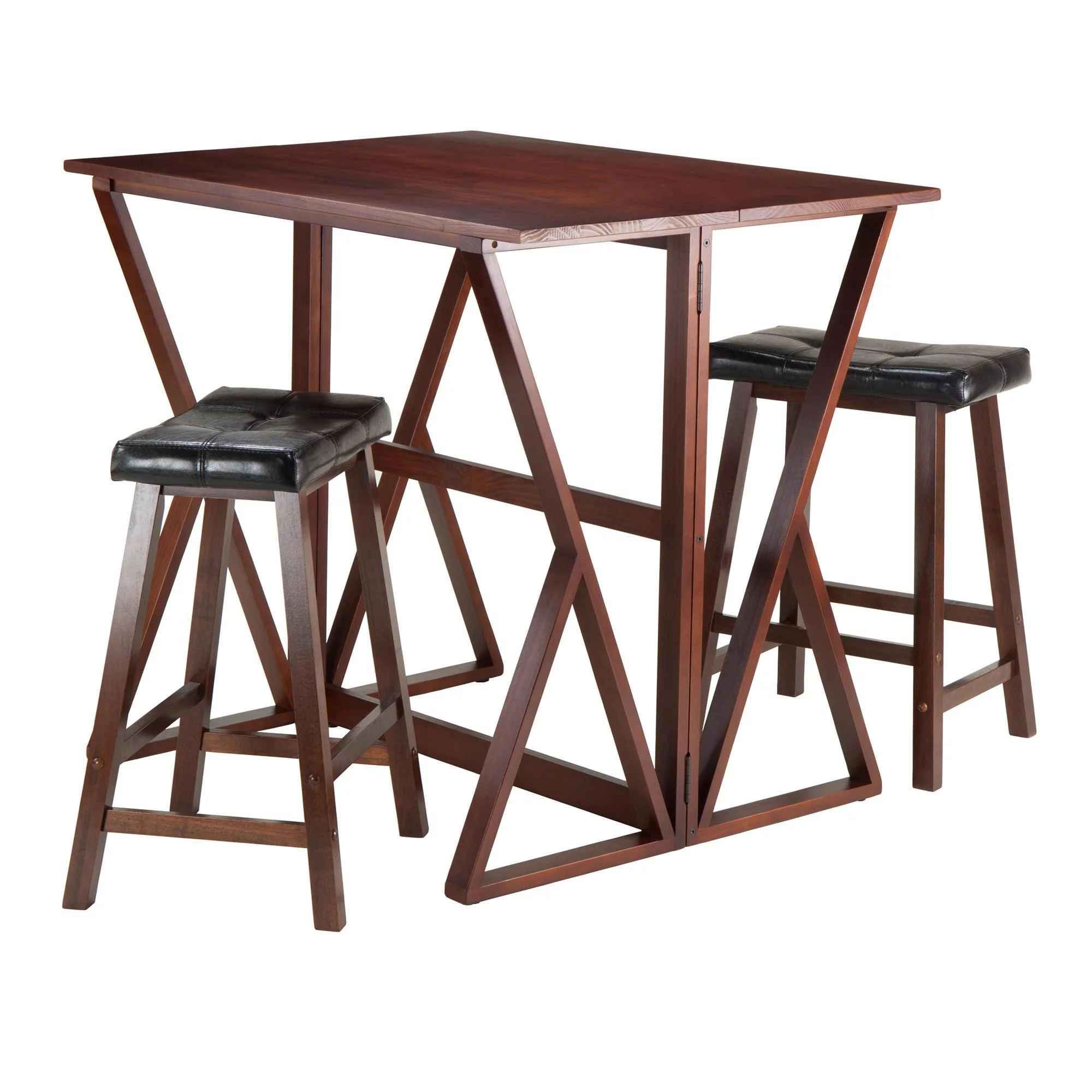 Winsome Wood Harrington 3-Pc Set, Drop Leaf Table & 2 Cushion Saddle Seat Counter Stools, Walnut Finish