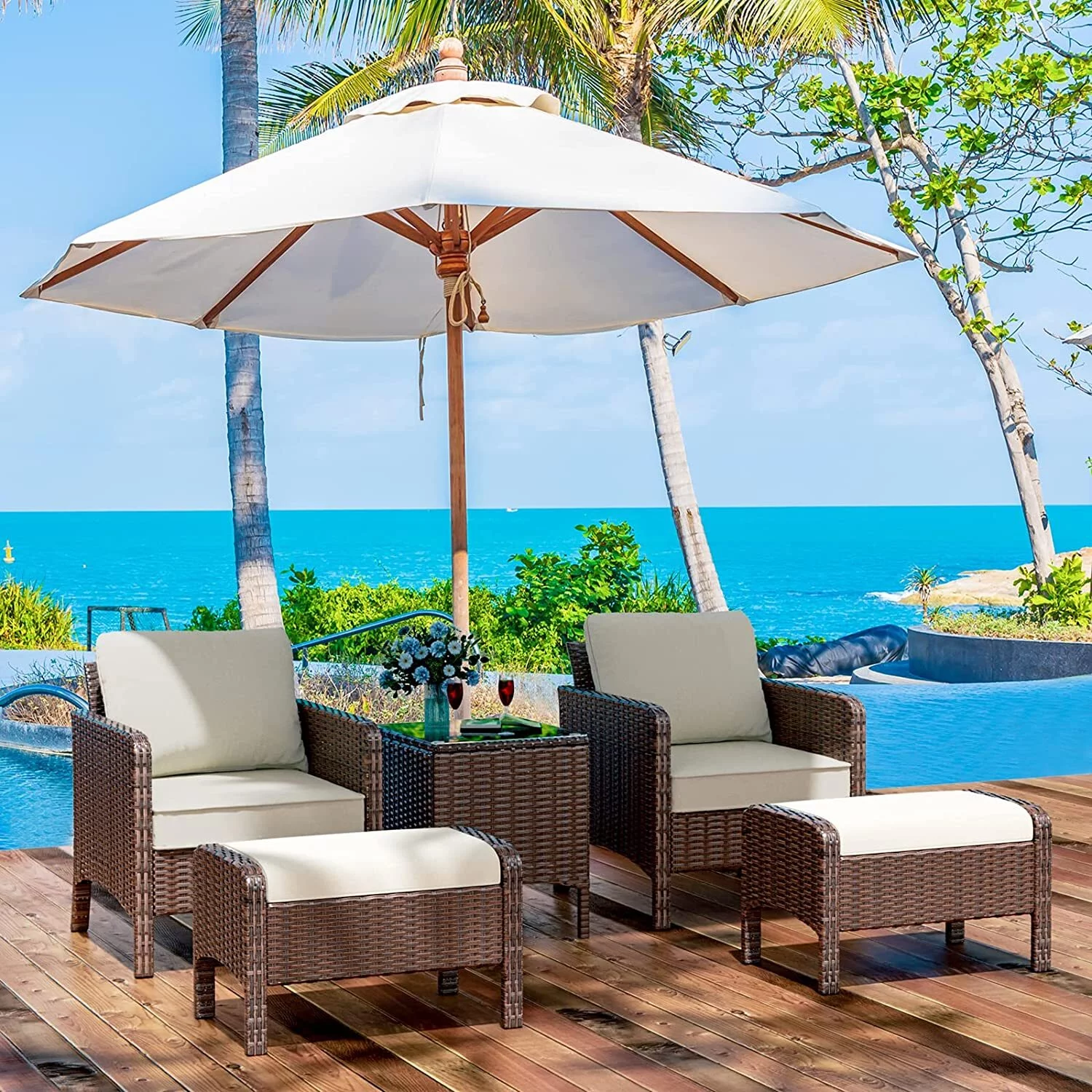 Homfa 5 Pieces Wicker Rattan Patio Furniture Set, Outdoor Sectional Conversation Sofa Set w/Ottomans, Coffee Table, Cushions for Porch, Balcony, Lawn Garden, Beige