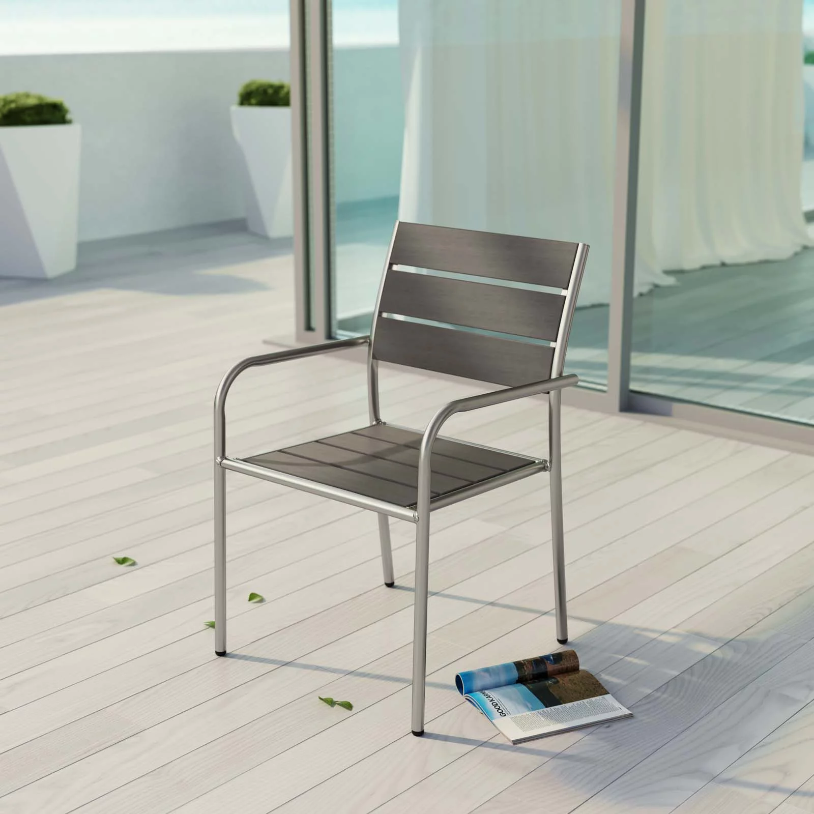 Modern Contemporary Urban Design Outdoor Patio Balcony Dining Chair, Grey Gray, Metal Aluminum
