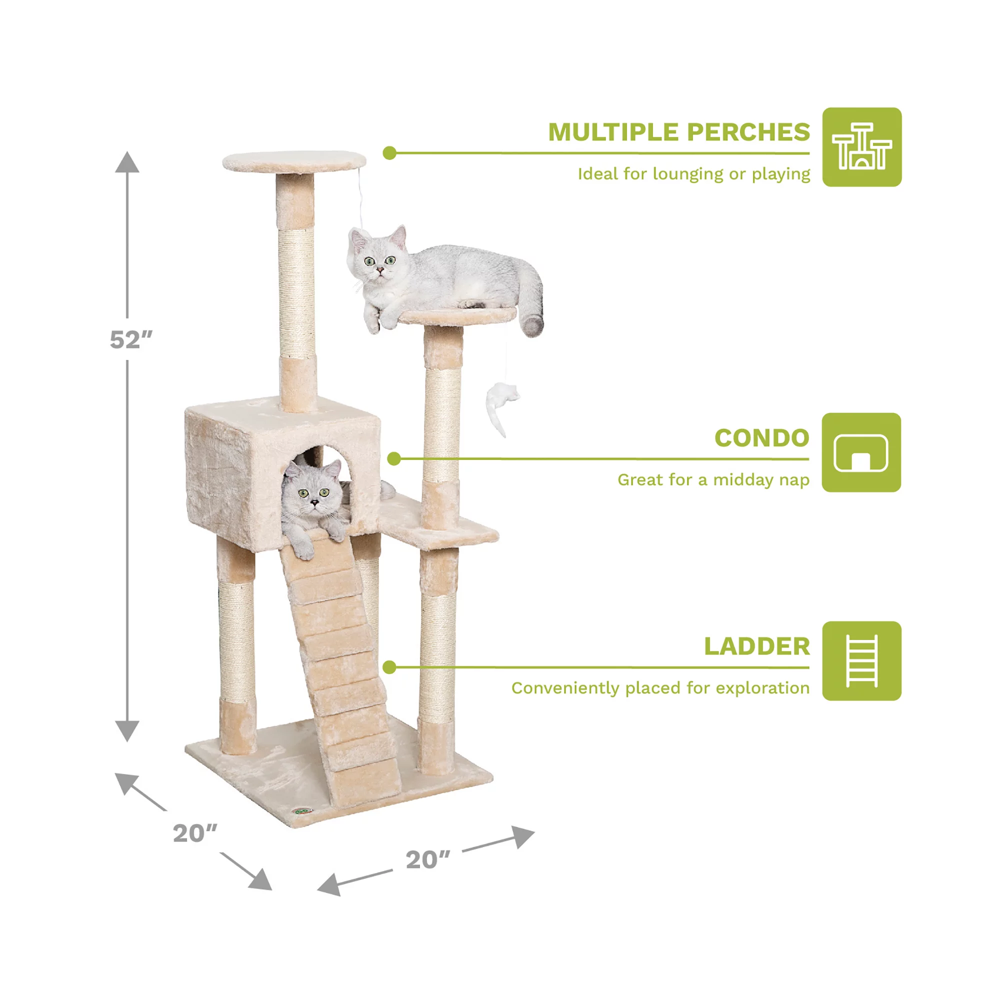 Go Pet Club 52-in Cat Condo & Scratching Post Cat Tree Tower, Beige