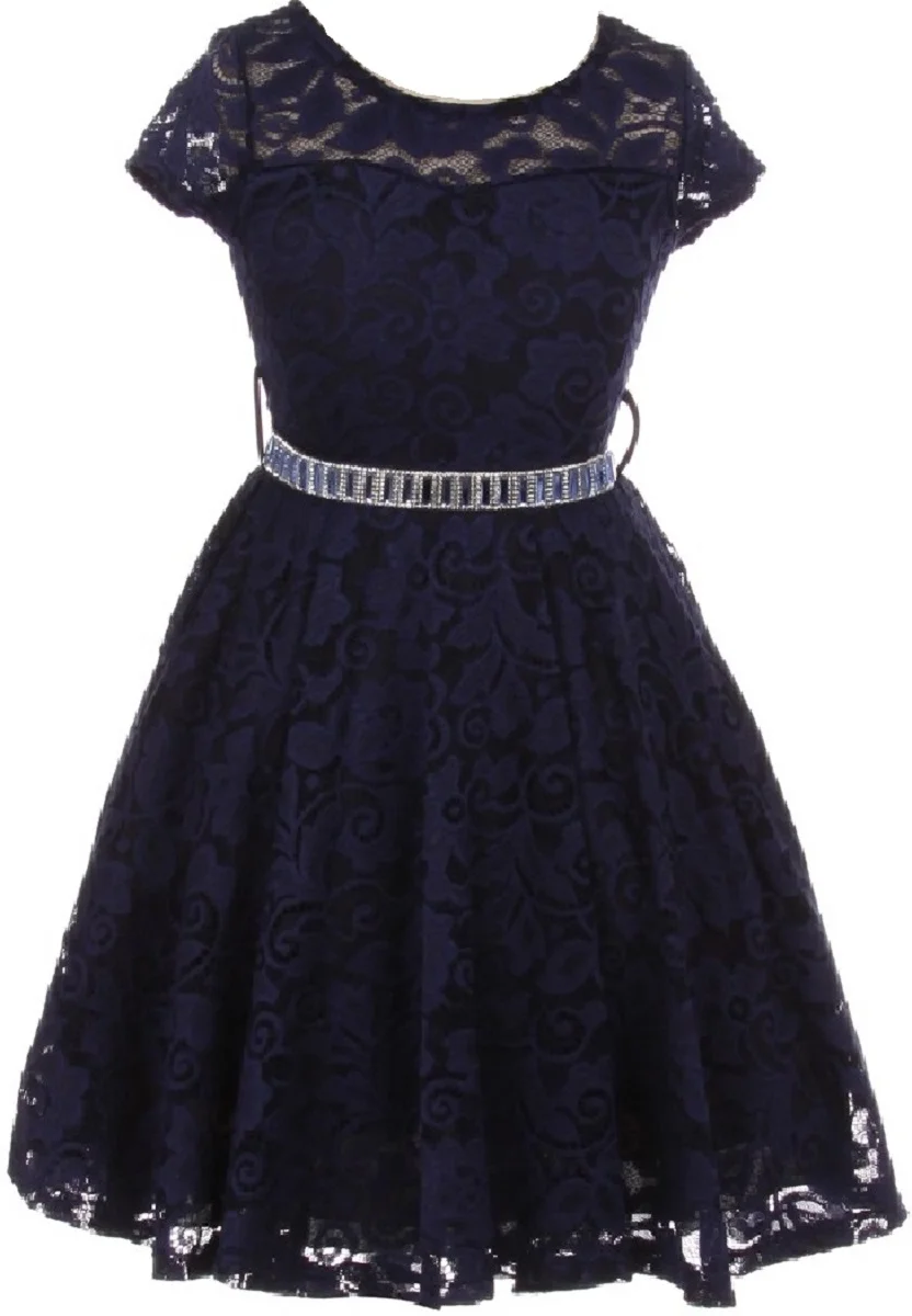 Lovely Floral Lace Rhinestones Skater Party Easter Flower Girl Dress for Big Girl Navy 6 JK19.88S BNY Corner
