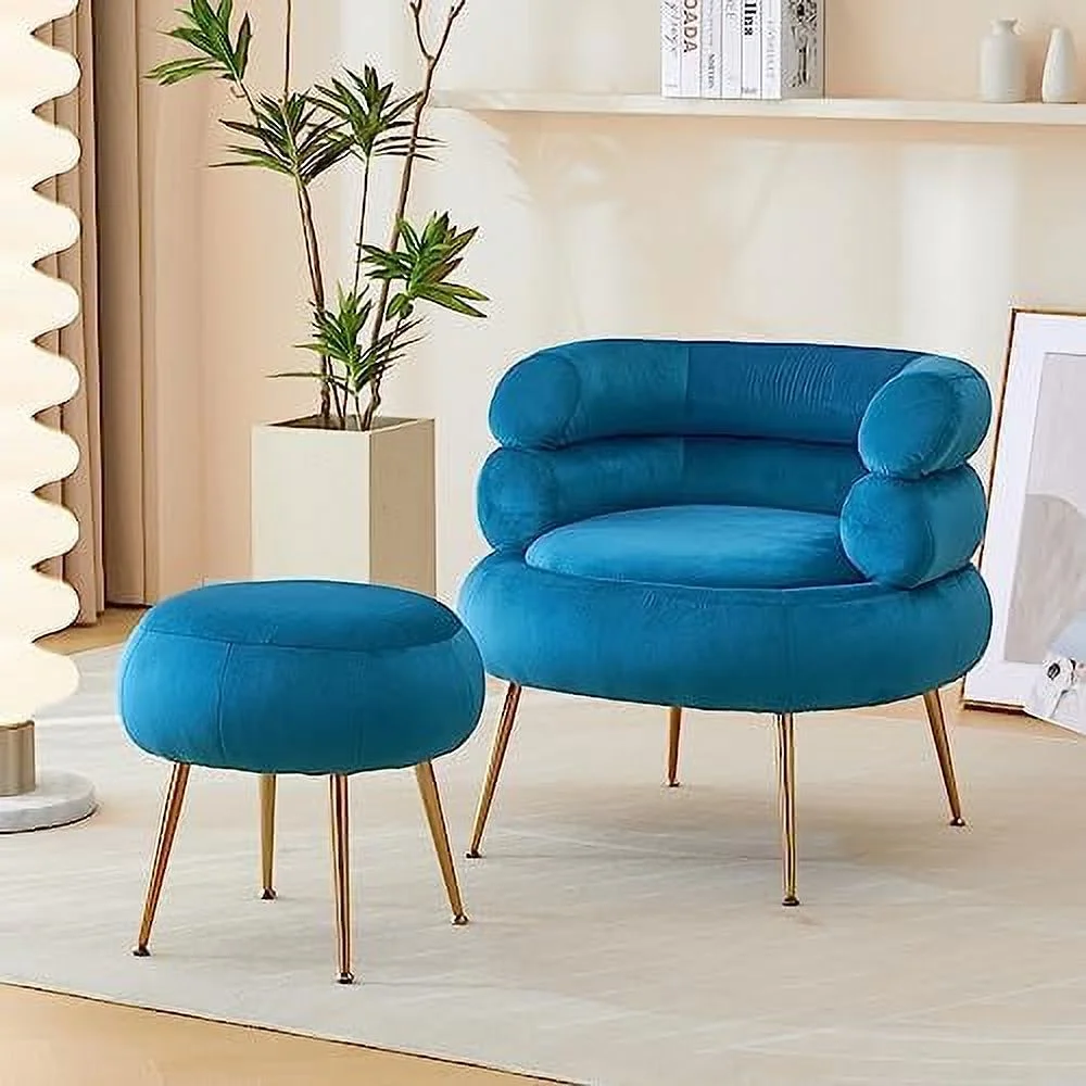 MQLIFEBOOM Accent Chair with Ottoman Modern Barrel Chair Set Midcentury Armchair with Blue Velvet Upholstery Club Chair with Footrest for Living Room  Bedroom  Reading Room