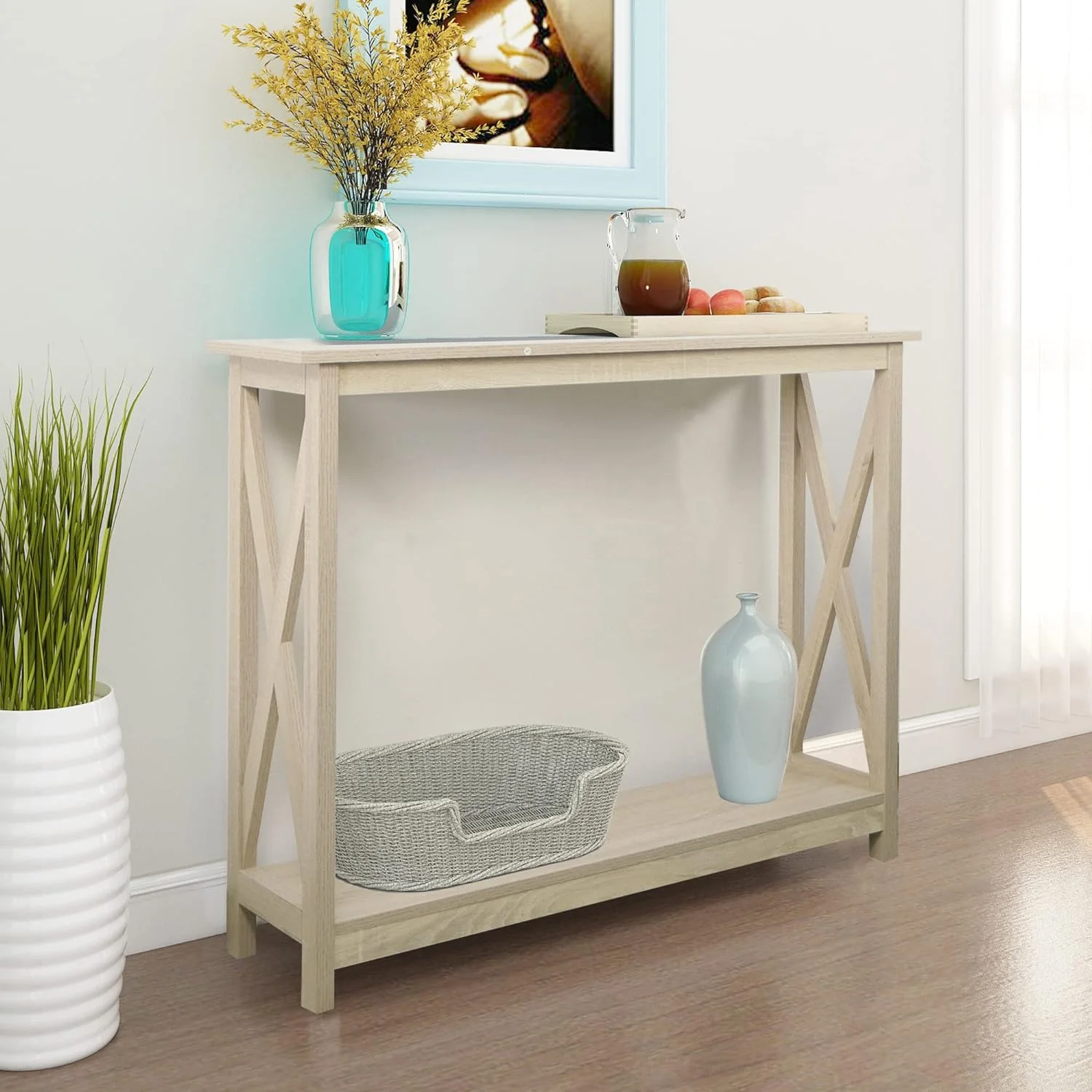 Console Table, Modern Farmhouse Wood Entryway / Sofa Table With 2-Tier Storage, 39 Inch, White Oak