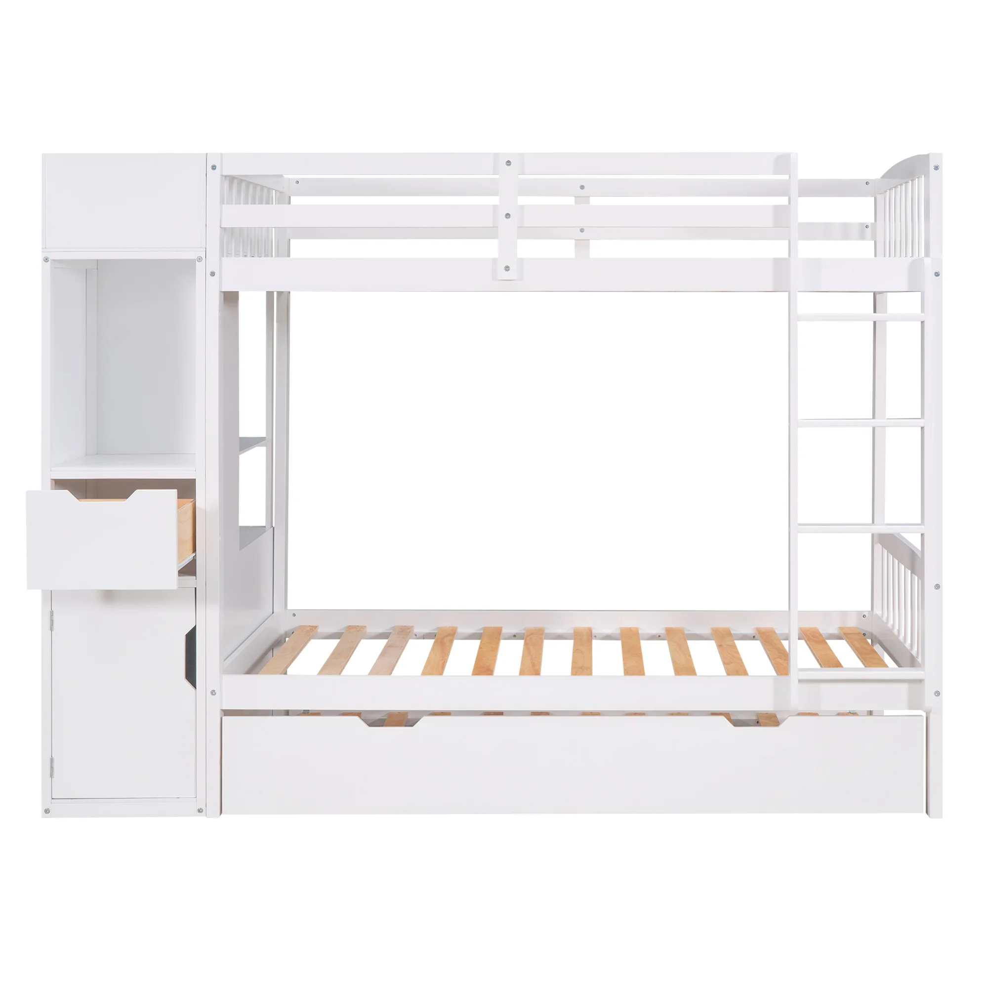 Twin over Twin Bunk Bed with Trundle and Multi-functional Locker, White