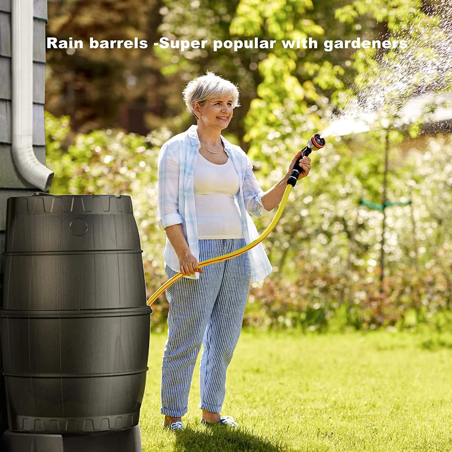 EJWOX 50 Gallon Black Rain Barrel Water Catcher - Collect Rainwater for Outdoor Use - Rain Collection Barrel with Spigot, Lid, and Hose