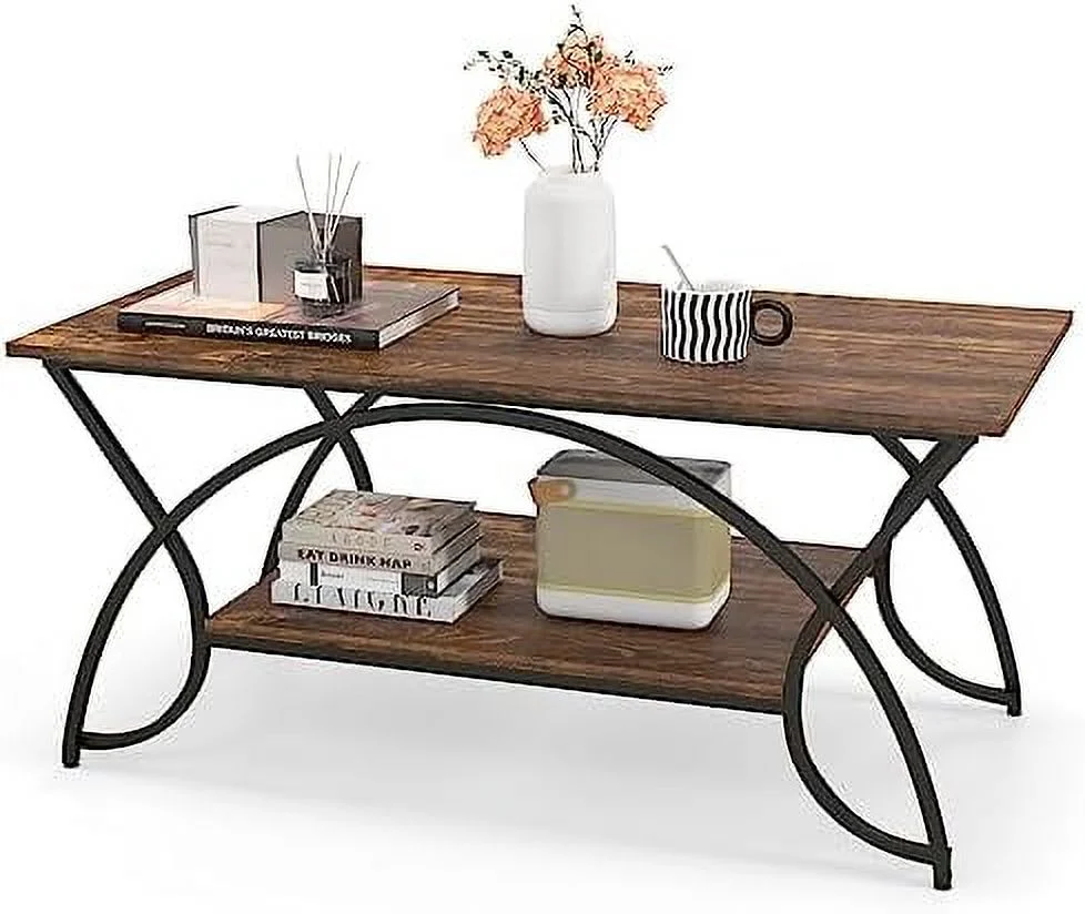 MQLIFEBOOM 2-Tier Rectangular Coffee Table  Wood Grain Table with Open    Black Finished Metal Frame  Industrial Center Table for Living Room  Reception Room (Coffee)