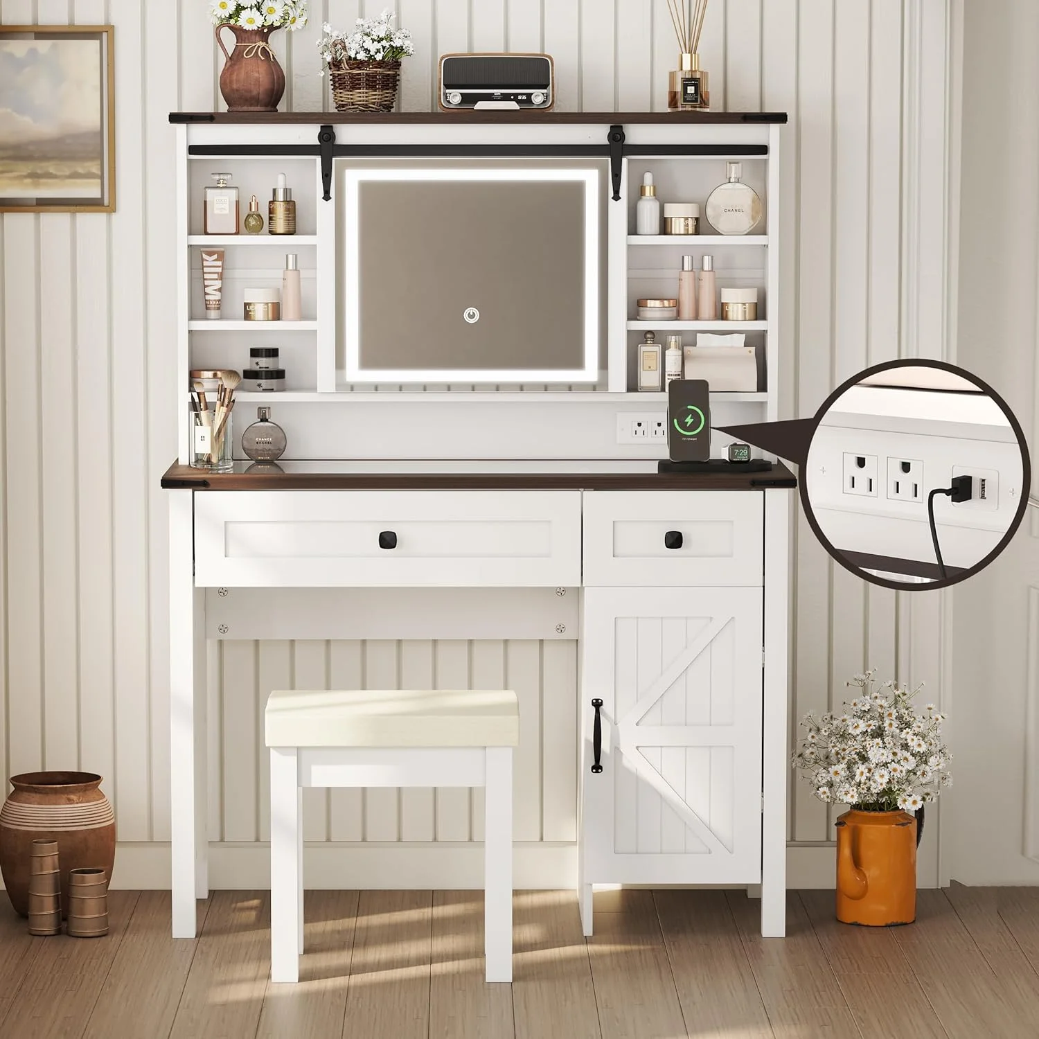 KUANGHENG Farmhouse Makeup Vanity with Power Outlet 42