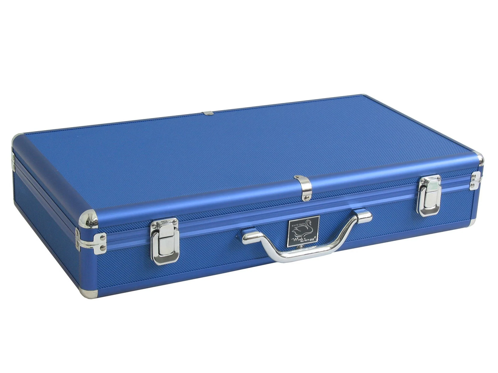 White Swan American Mahjong Set in Luggage-Style Blue Case - White/Blue Tiles - Classic Pusher Arms