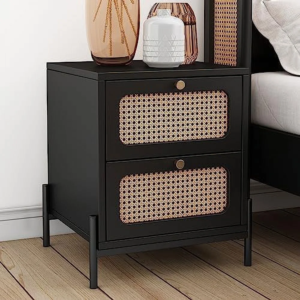 GEROBOOM Nightstand with 2 Drawers Black  Rattan Nightstands for Bedrooms  Wood Bedside Table End Table with Metal Legs