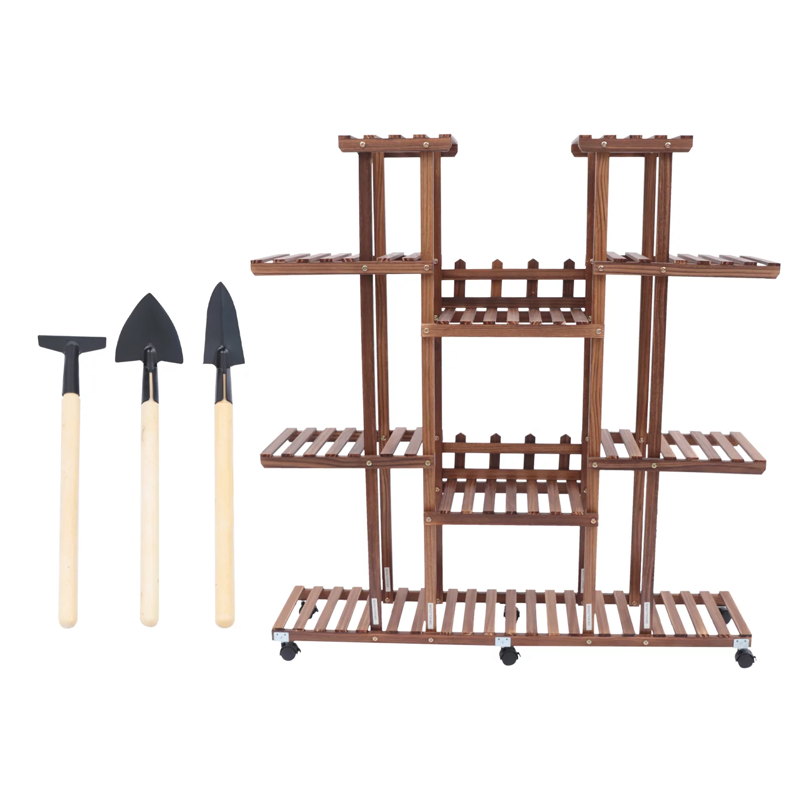 Loyalheartdy Movable Plant Stand, 9 Tier 17 Potted Wooden Flower Holder Rolling Tiered Plant Rack Display Shelf w/Detachable Wheel