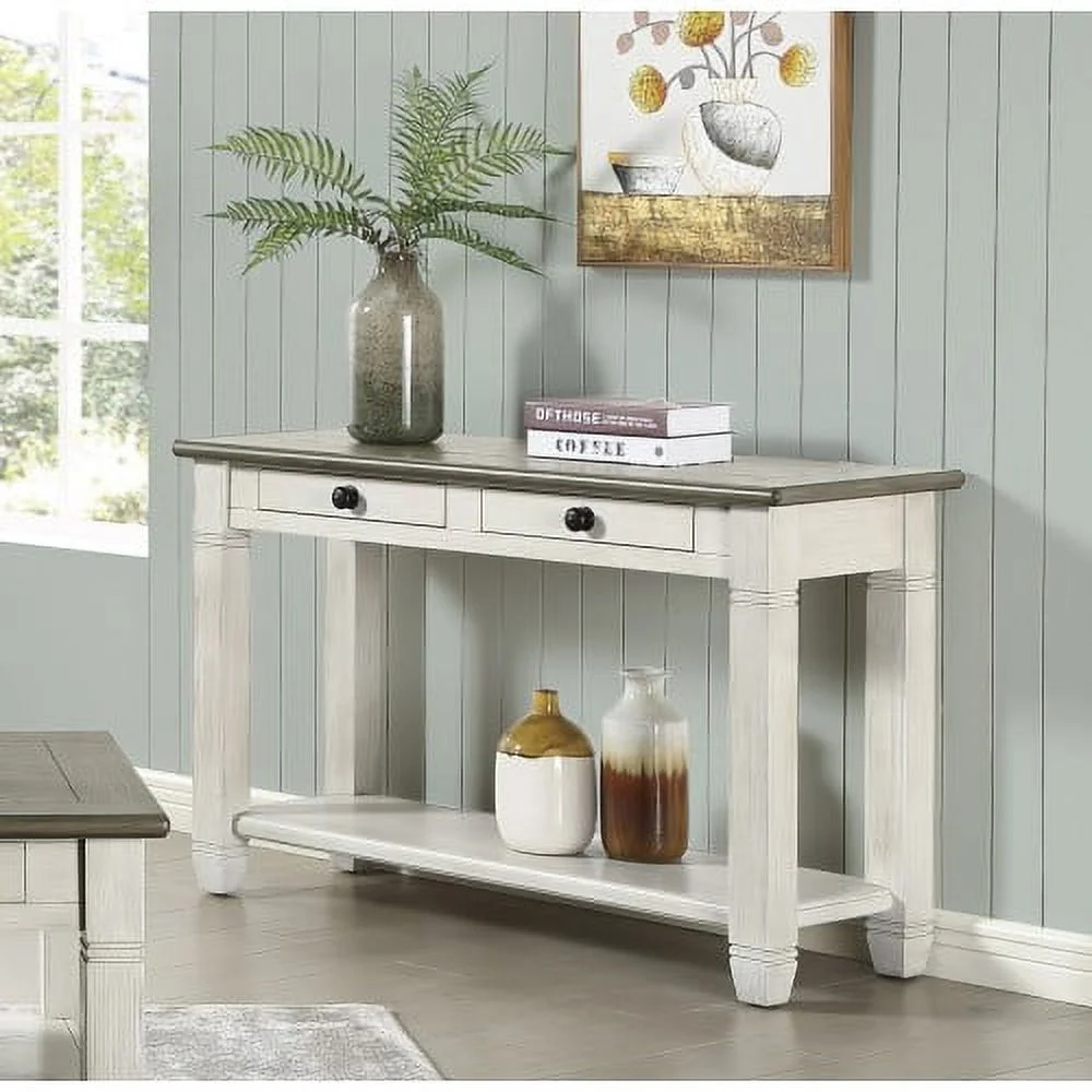 JHOOTUUO Rosy Brown and Antique White Finish 1pc Sofa Table with 2 Drawers Bottom  Wooden Living Room