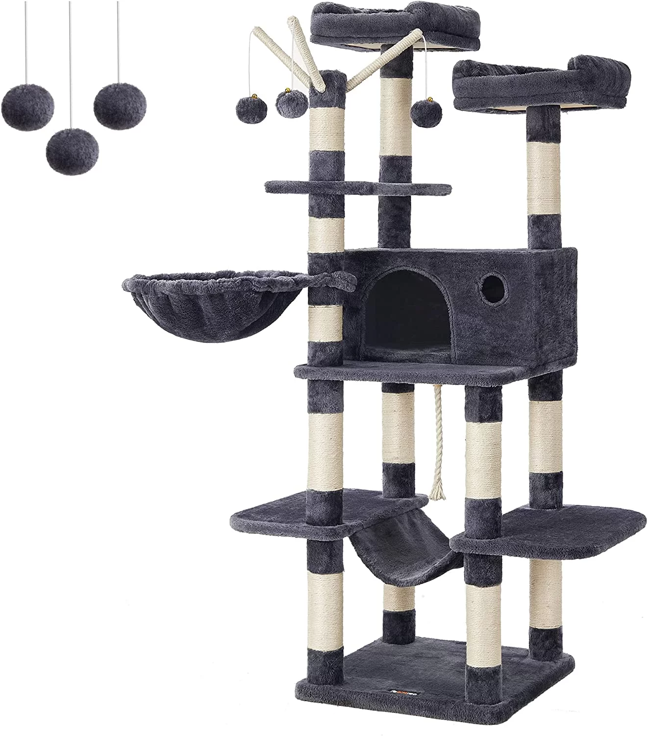 Feandrea Cat Tree, 44.1-Inch Cat Tower for Indoor Cats, Multi-Level Cat Condo with 11 Scratching Posts, 2 Perches, Cave, Hammock, Smoky Gray