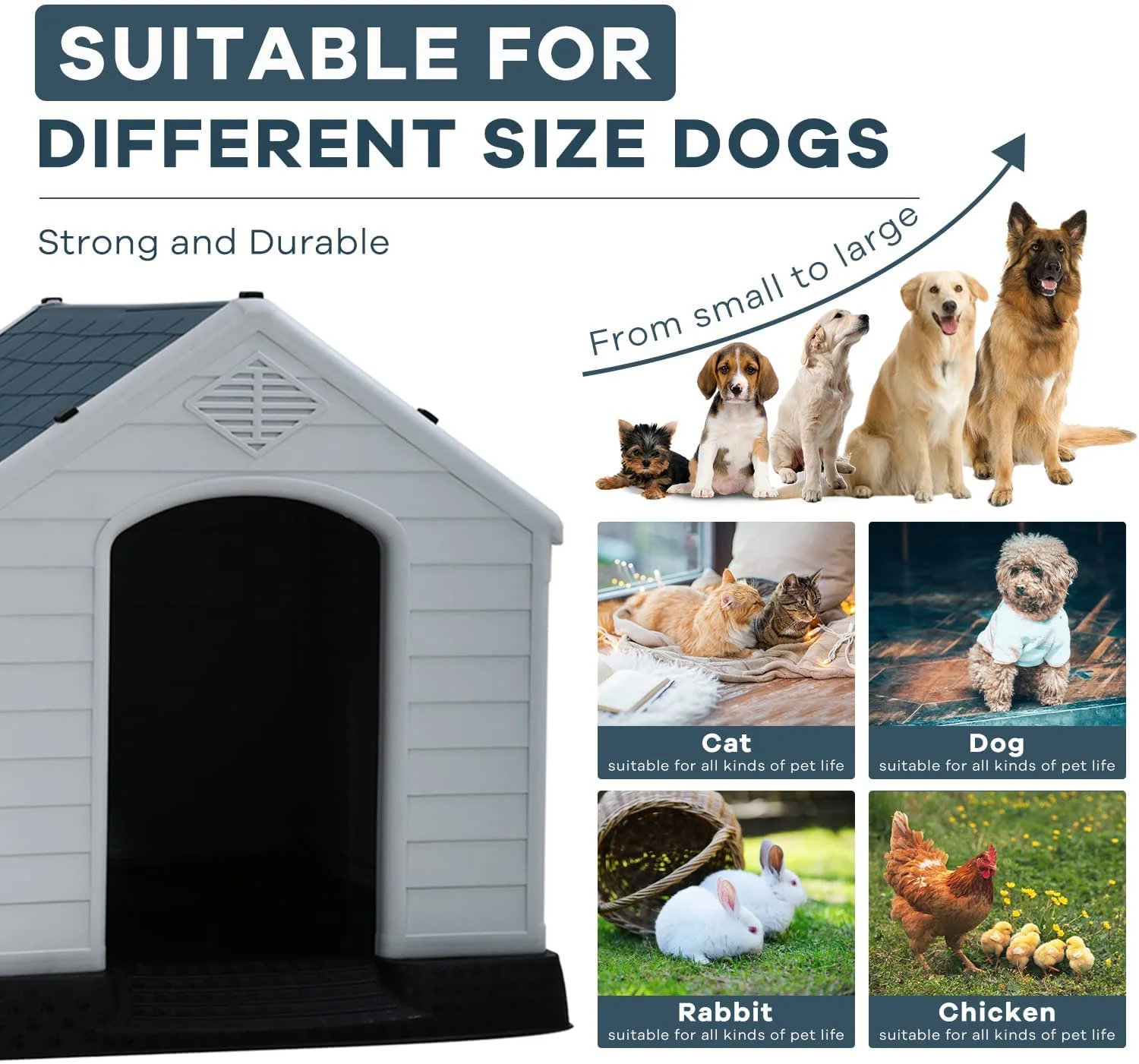 Dog House Large Dog Crates 39 Inch High Plastic Kennels for Small Medium Large Dog with Air Vents and Elevated Floor Outdoor,Indoor, Blue