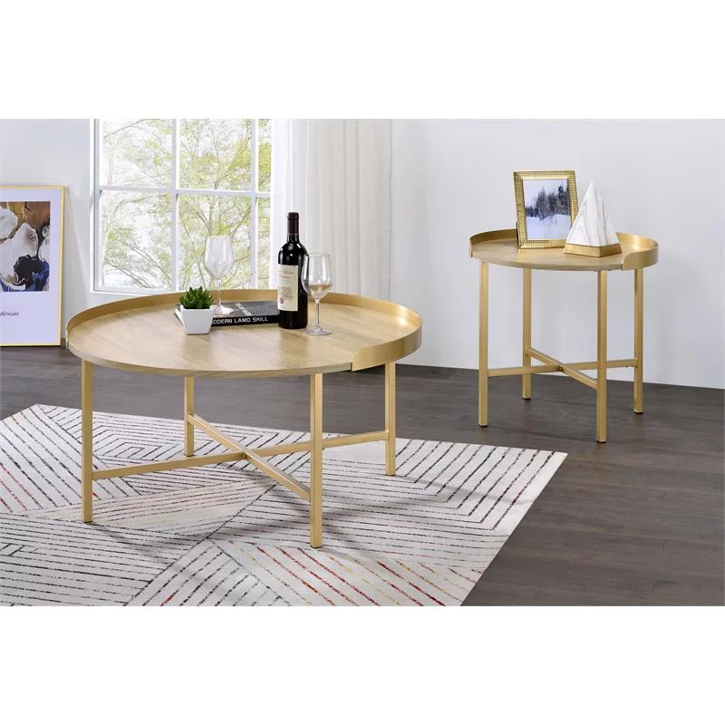 Bowery Hill Round Wooden Top End Table with Cross Bar Base in Oak and Gold