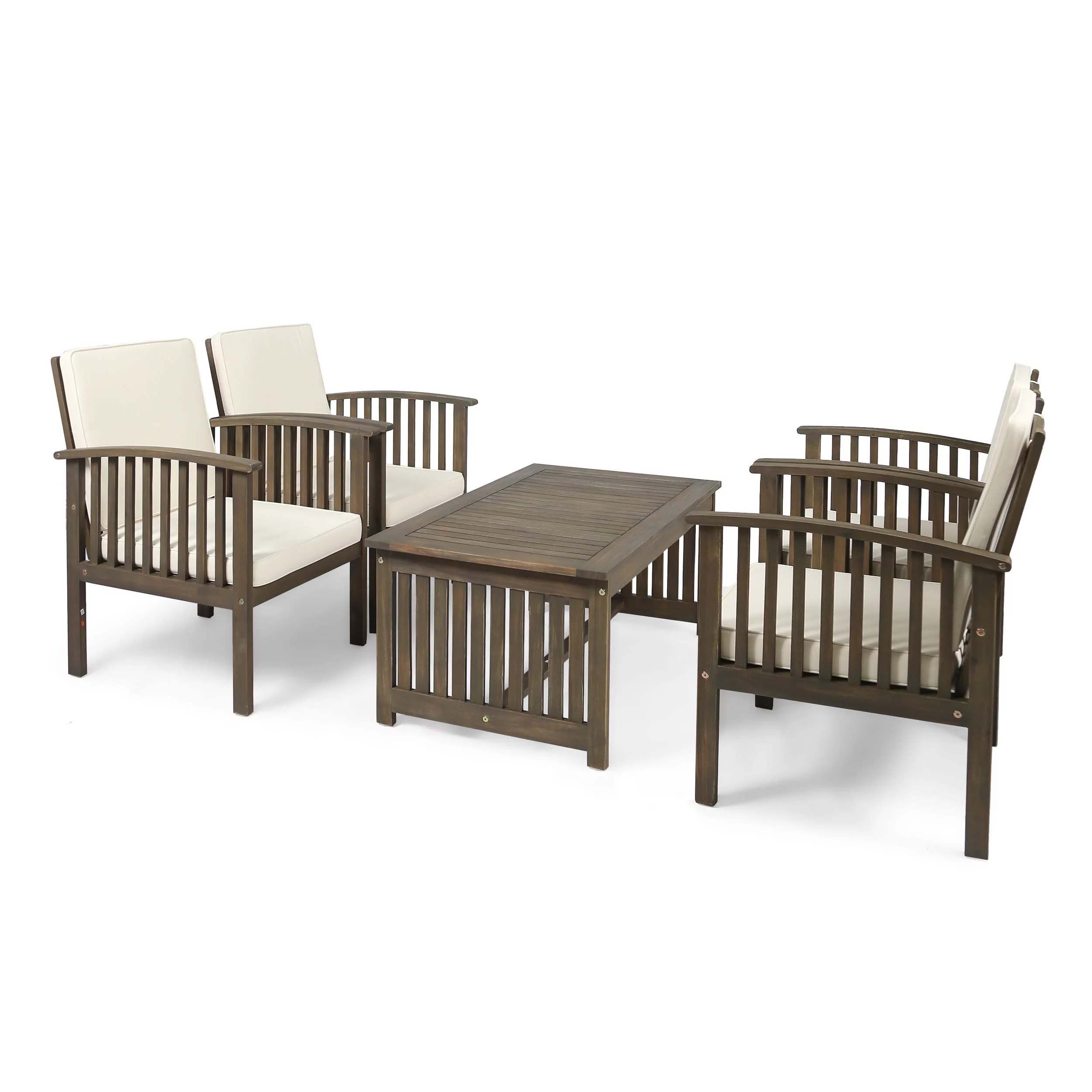GDF Studio Navan Outdoor Acacia Wood 5 Piece Club Chair Chat Set with Cushions, Gray and Cream