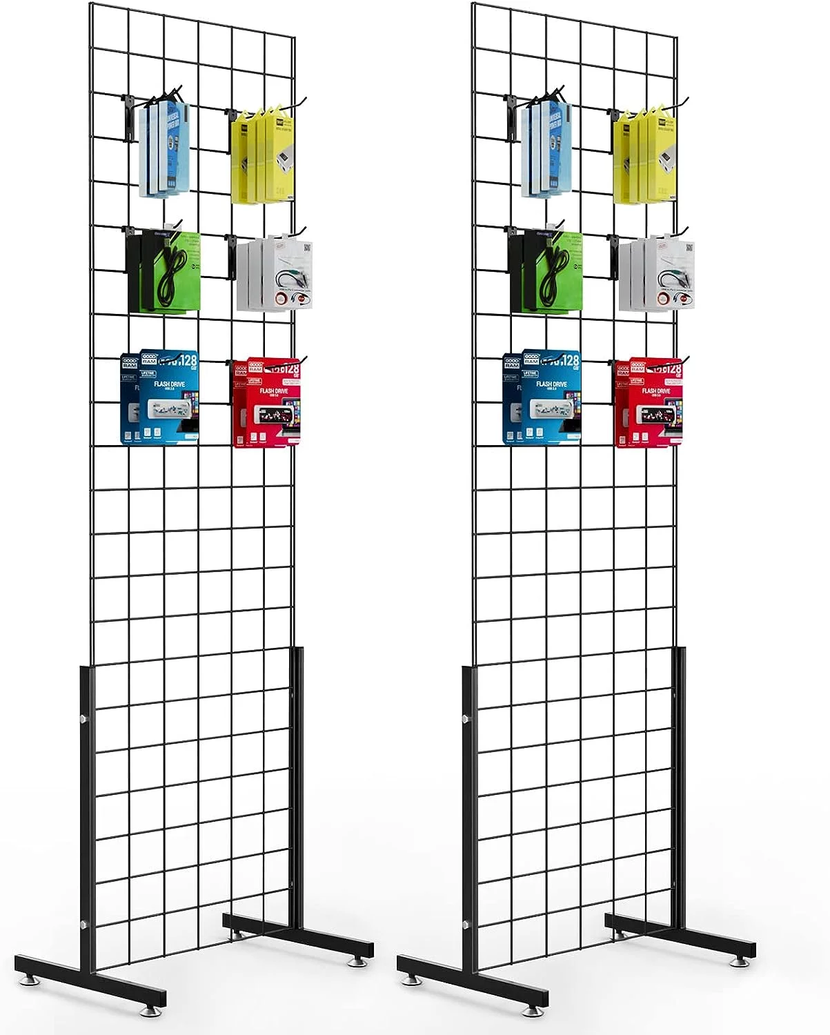 6' x 2' Wire Grid Panel Tower with T-Base Floorstanding, Wire Grid Wall Display Rack with Hooks 4
