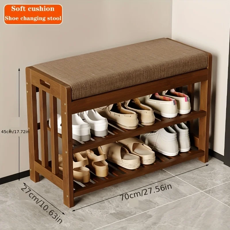 1pc 2-Tier Bamboo Shoe Rack Bench, Entryway Storage Organizer With Cushioned Seat, Classic Home Furniture, Multi-Functional Dustproof Shoe Cabinet For Living Room Doorway