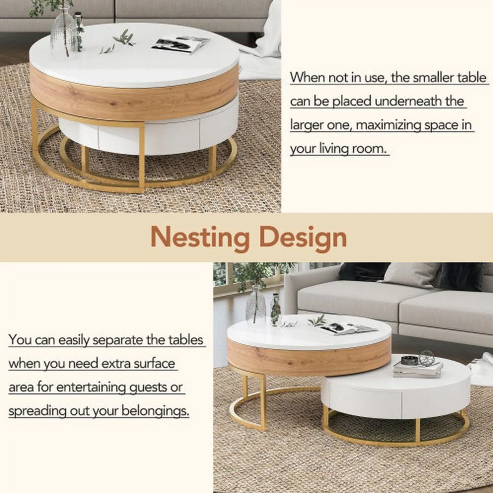 Topline Tackle Modern Round Lift-top Nesting Coffee Tables with 2 Drawers White & Natural