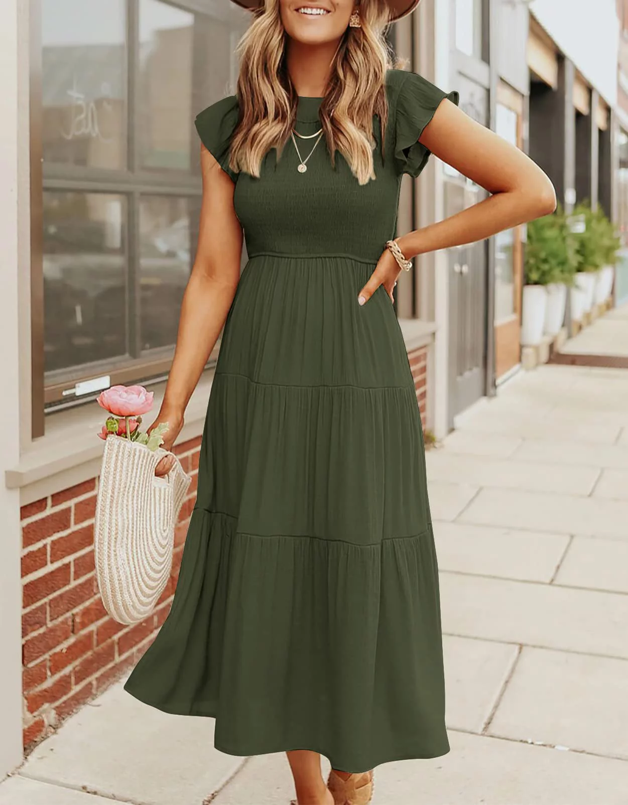Fantaslook Summer Dresses for Women Casual Flutter Short Sleeve Smocked Elastic Waist Tiered Midi Dress