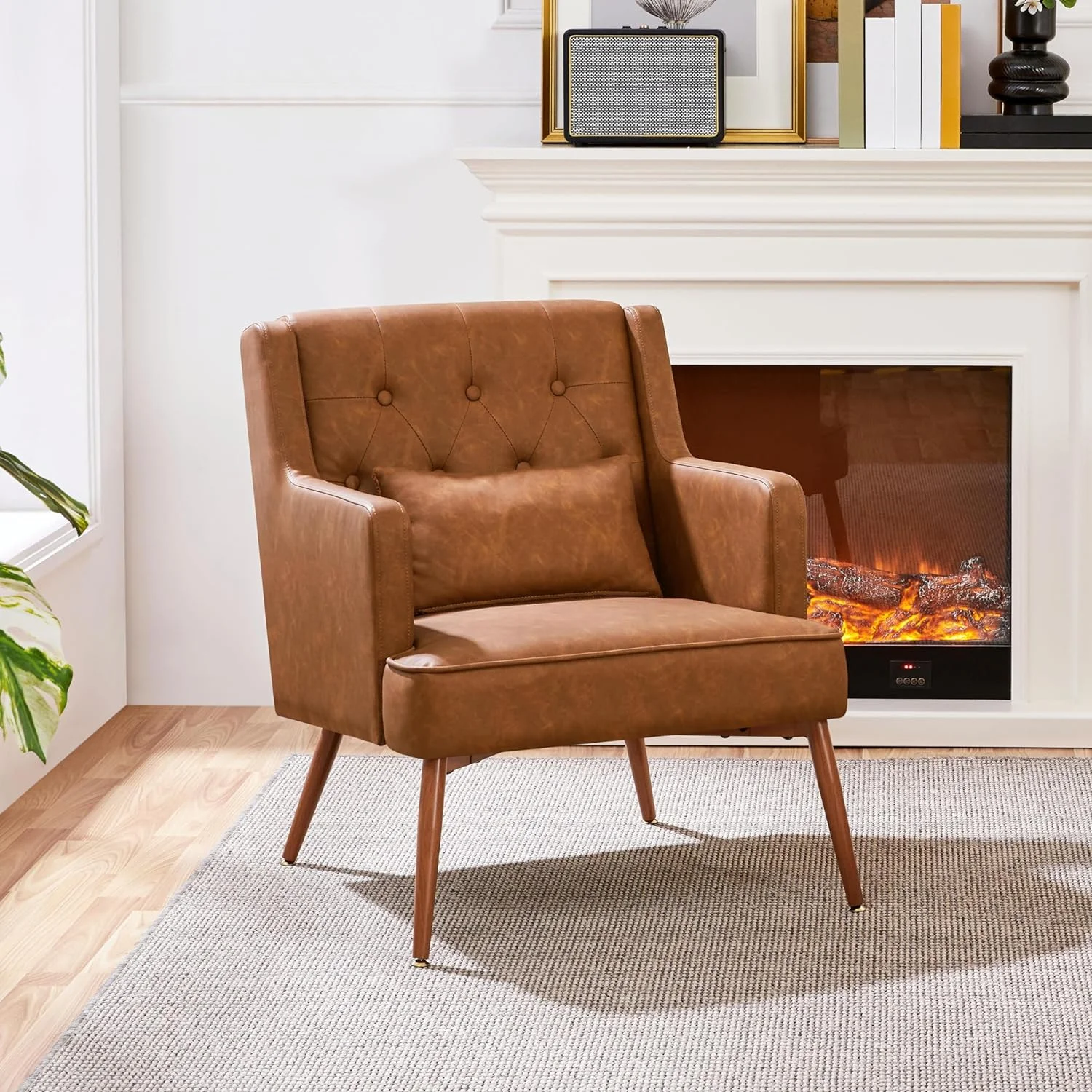 U-ToBe Accent Chair, Living Room Chair Mid Century PU Leather Armchair Lumbar Pillow, Comfy Upholstered Reading Chair Wood Leg Bedroom Lounge Brown