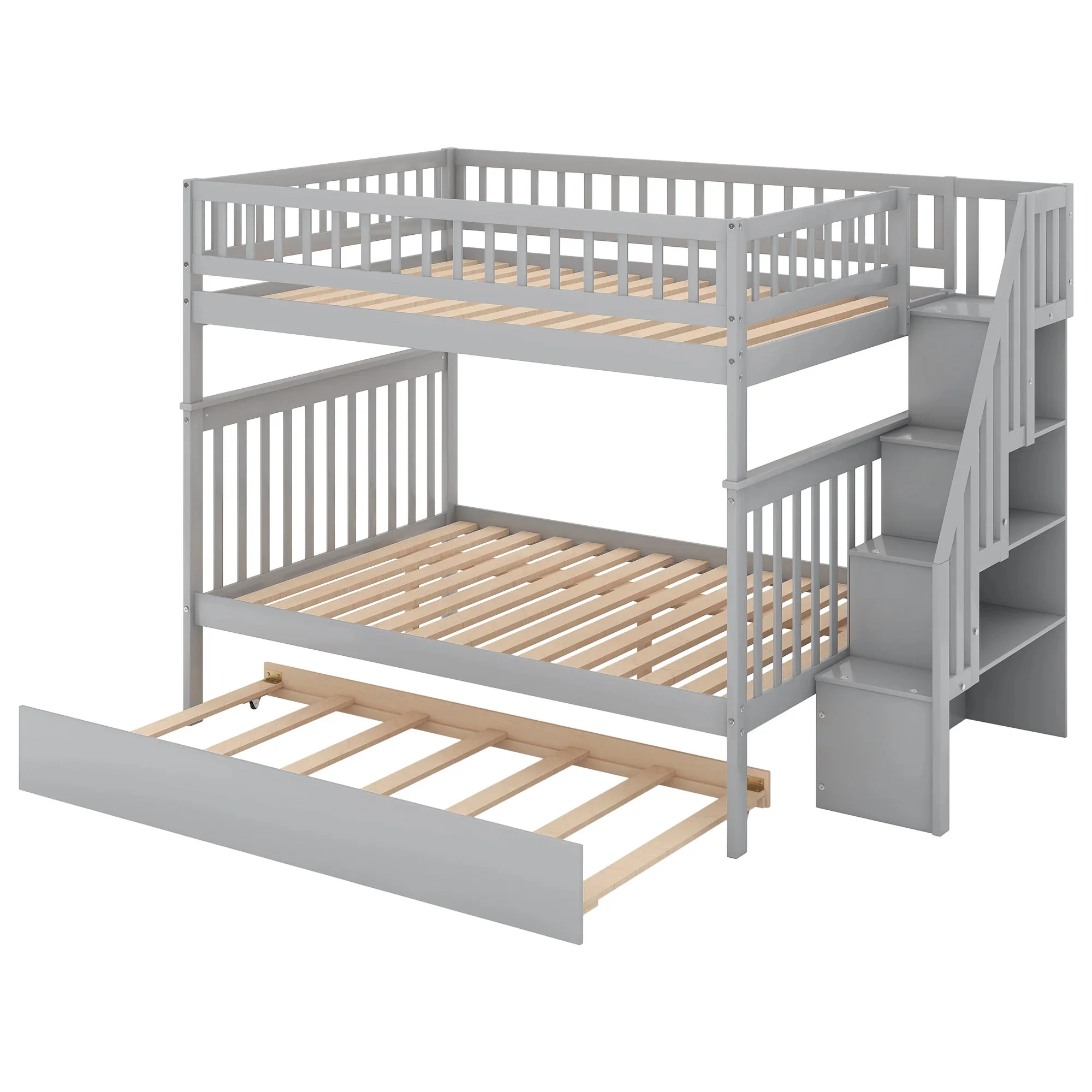 Living Pavilion Full over Full Bunk Bed with Trundle and Staircase,Pine wood MDF, Gray