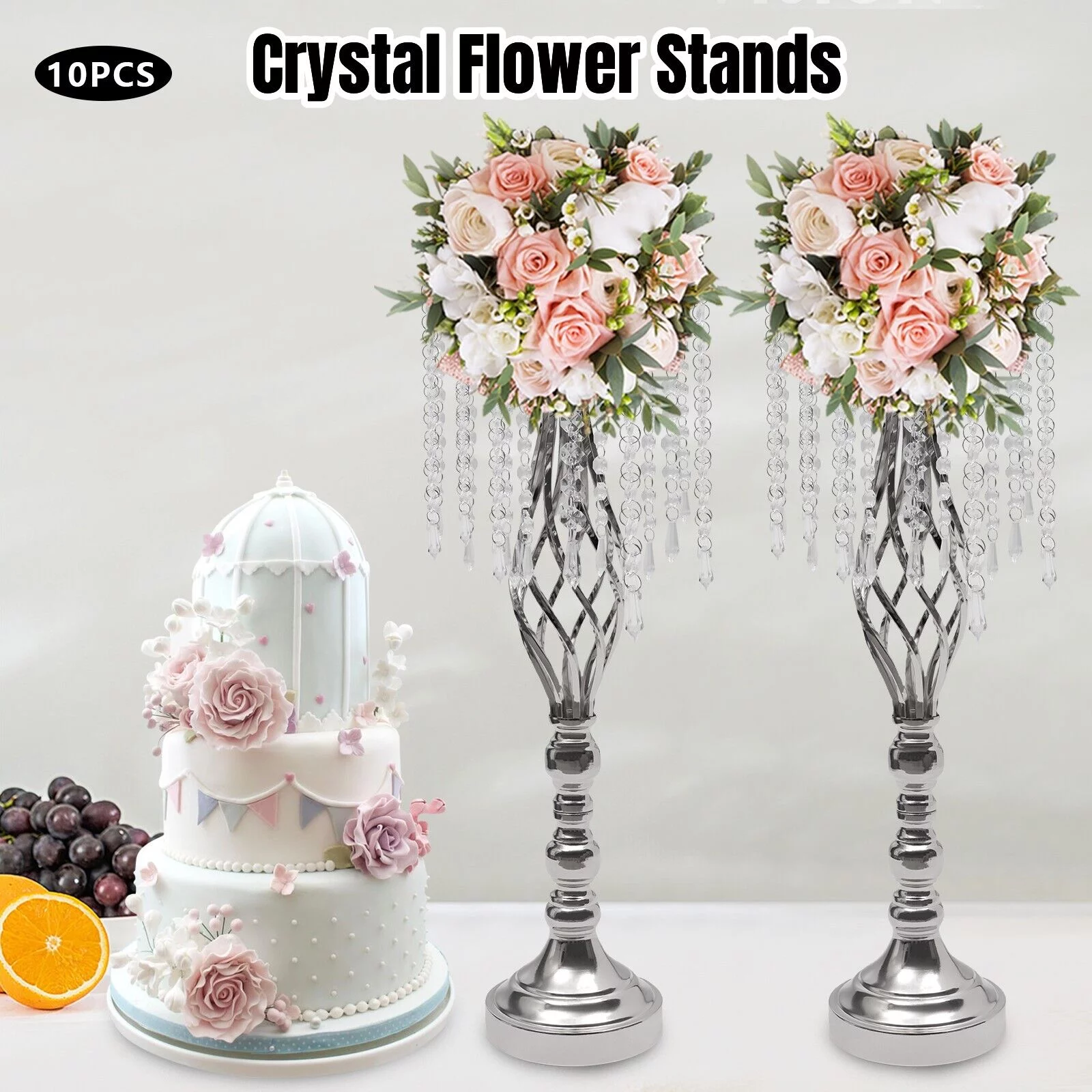 Miumaeov 10PCS Crystal Metal Vase Flower Stand Silver Vases Centerpieces Tall Crystal Flower Vase for Weddings Decoration