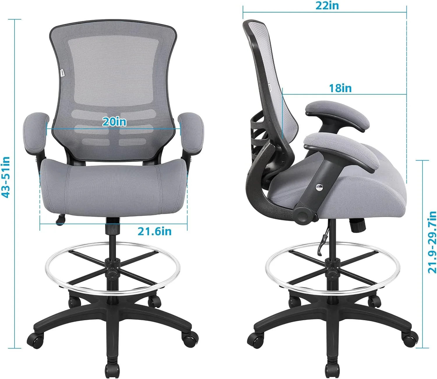 YGDU 400lbs Mesh Ergonomic Drafting Chair,Tall Office Chair, Standing Desk Chair,Height Adjustable Armrest and Flipped Arms,Lumbar Support,Foot Ring,Swivel Computer Task Chair-Black