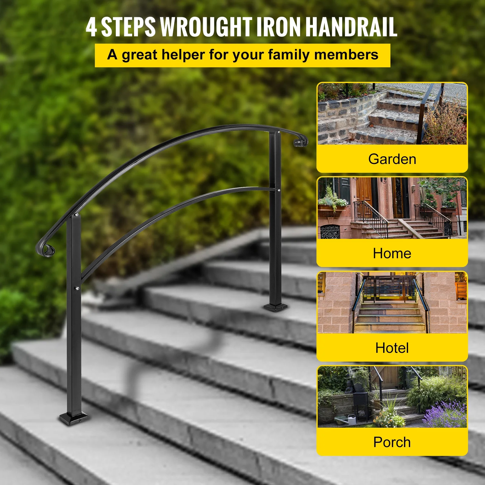 SKYSHALO4 Levels Adjustable Handrail Fits Level 1 or Level 4 Matte Black Stair Handrail Wrought Iron Handrail with Mounting Kit Outdoor Step Handrail