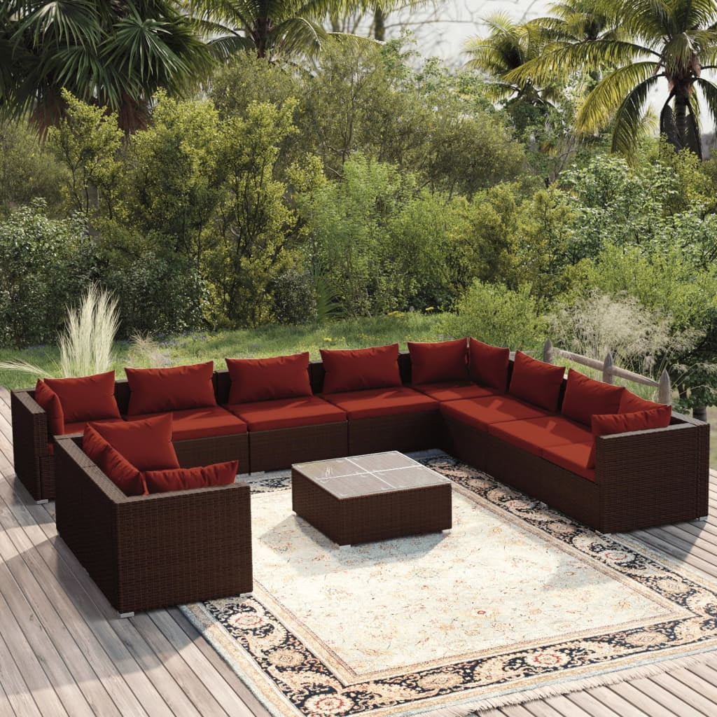 Anself 11 Piece Patio Set with Cushions Brown Poly Rattan