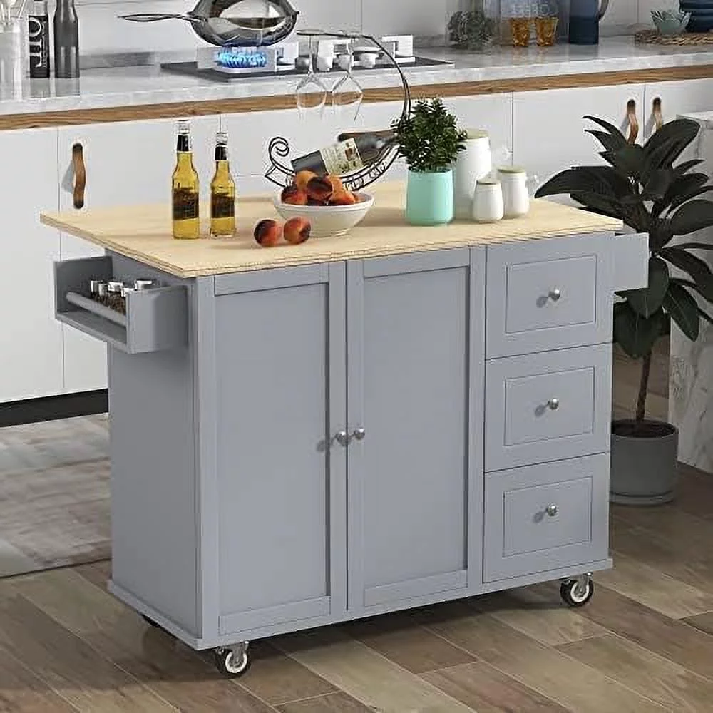 CKPFVY Rolling Kitchen Island Cart with Folding Drop Leaf and  Cabinets  Kitchen Cart on Wheels with Spice Rack  Towel Rack and 3 Drawers  Dark Blue
