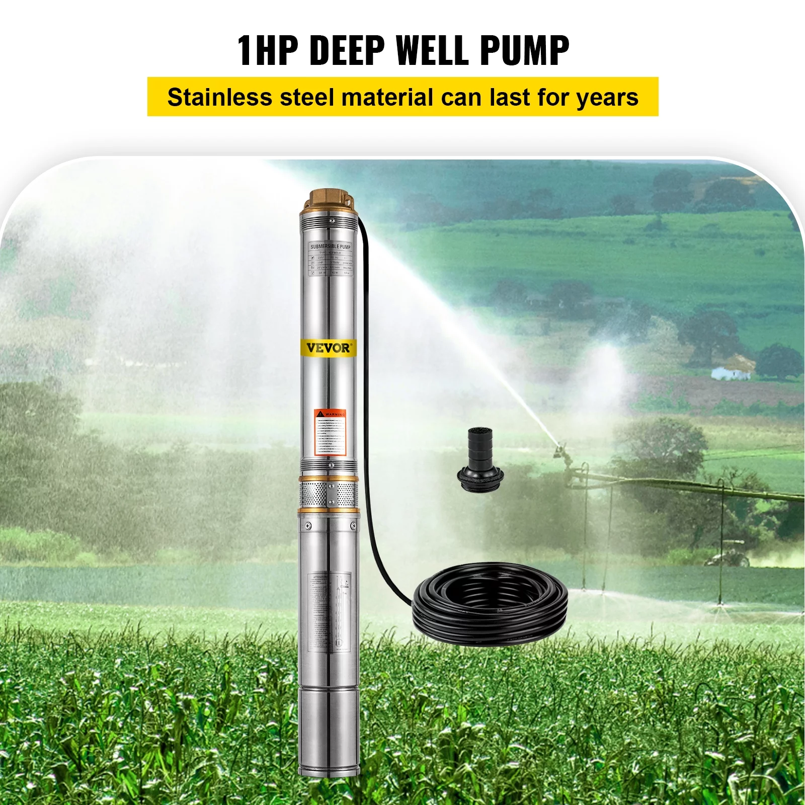 VEVORbrand Deep Well Pump 1 HP Submersible Well Pump 33GPM 220V Deep Well Pump 207ft Head with 32.8ft Cable Water Well Pumps Submersible Stainless Steel for Factories, Farmland, Irrigation
