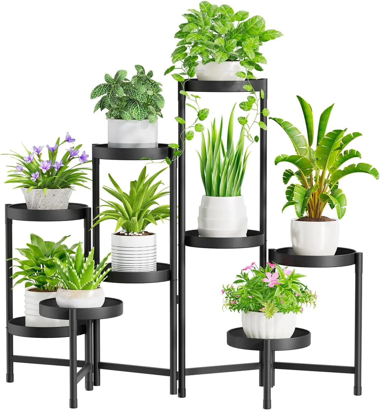 9 Tier Metal Plant Stand: Indoor/Outdoor Tall Corner Shelf for Multiple Plants, Folding Flower Display Rack (Black)