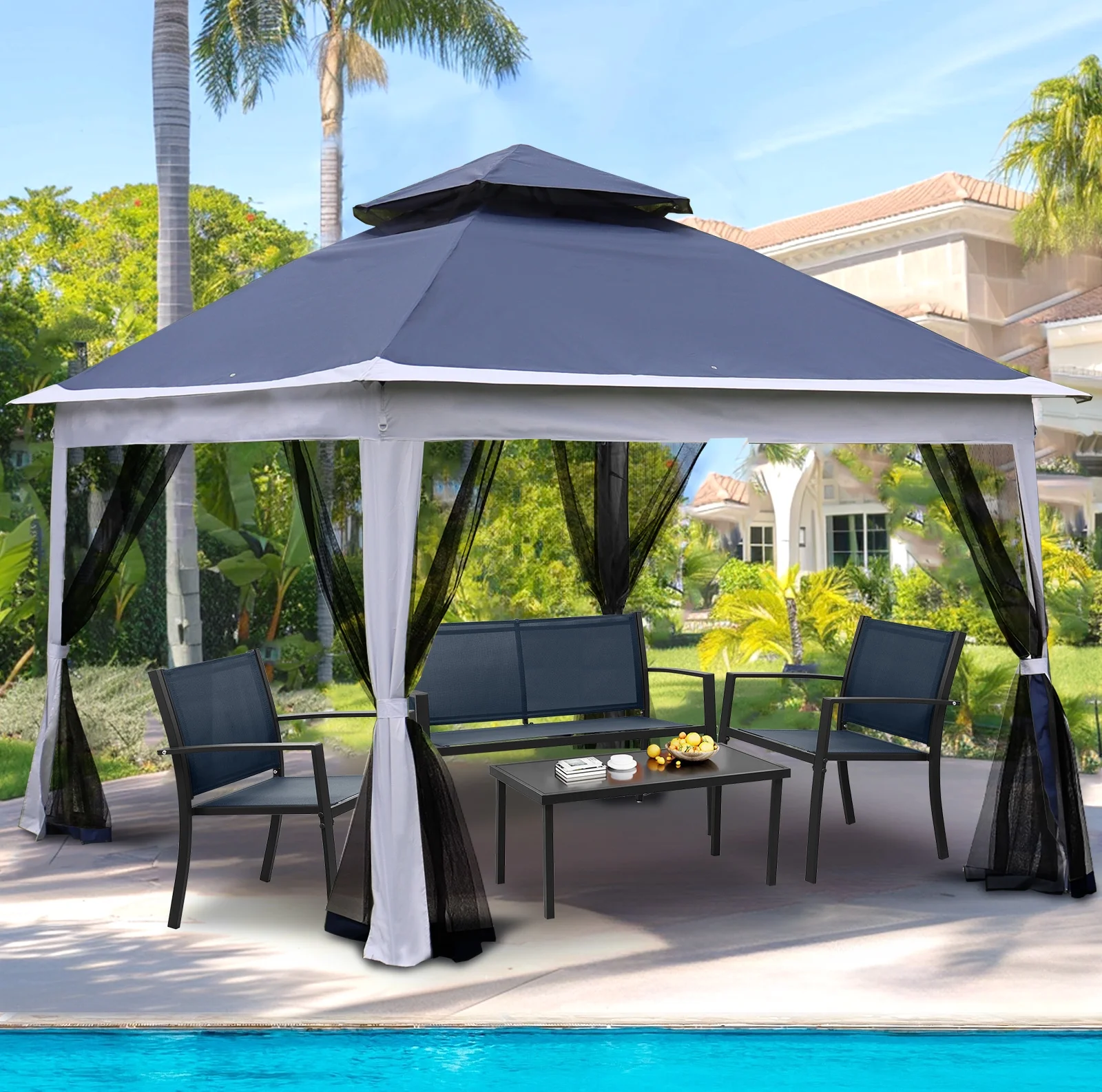 Unique Choice Outdoor 11x 11Ft Pop Up Gazebo Canopy With Removable Zipper Netting,2-Tier Soft Top Event Tent,Suitable For Patio Backyard Garden Camping Area,Coffee
