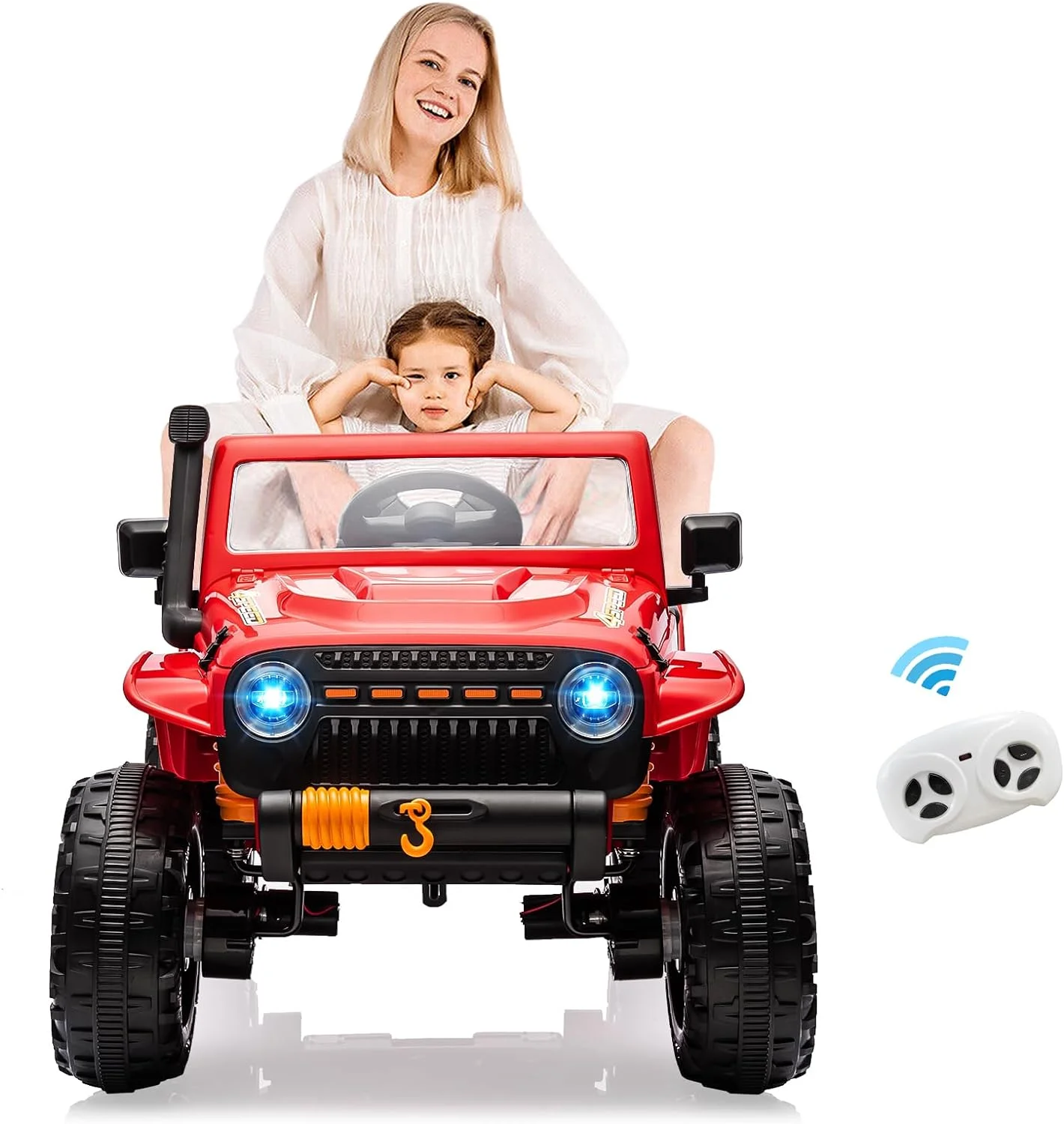 UPYOOE 24V Kids Ride On Truck, 2 Seater Electric Vehicle w/Remote Control, 4 Wheels, 4x55W Powerful Engine, 4WD Battery Powered, 3 Speeds, LED Lights, Soft Braking, Gift for Children Girls, Boys (Red)