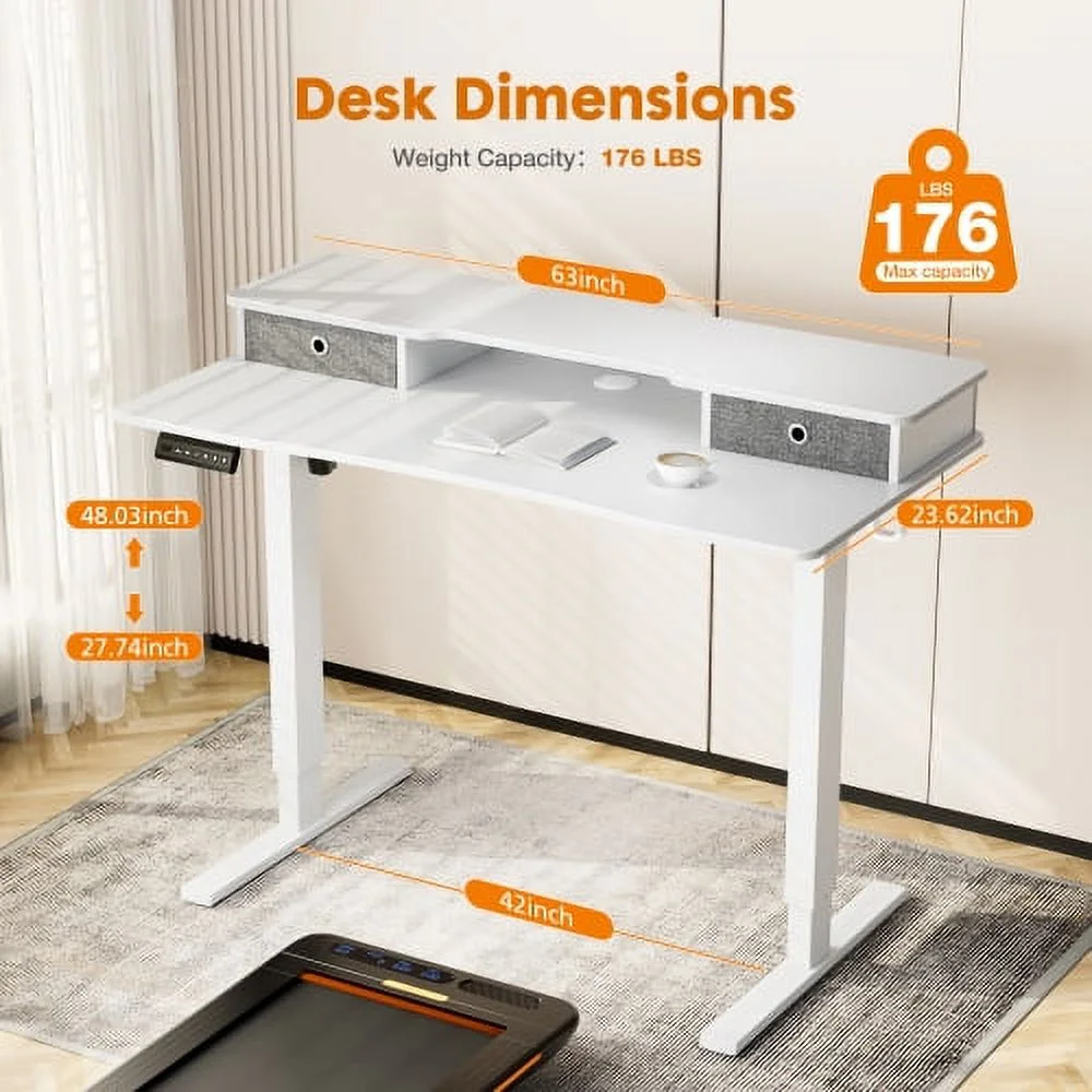 DremFaryoyo Home Office Height Adjustable Electric Standing Desk with   Double Drawer